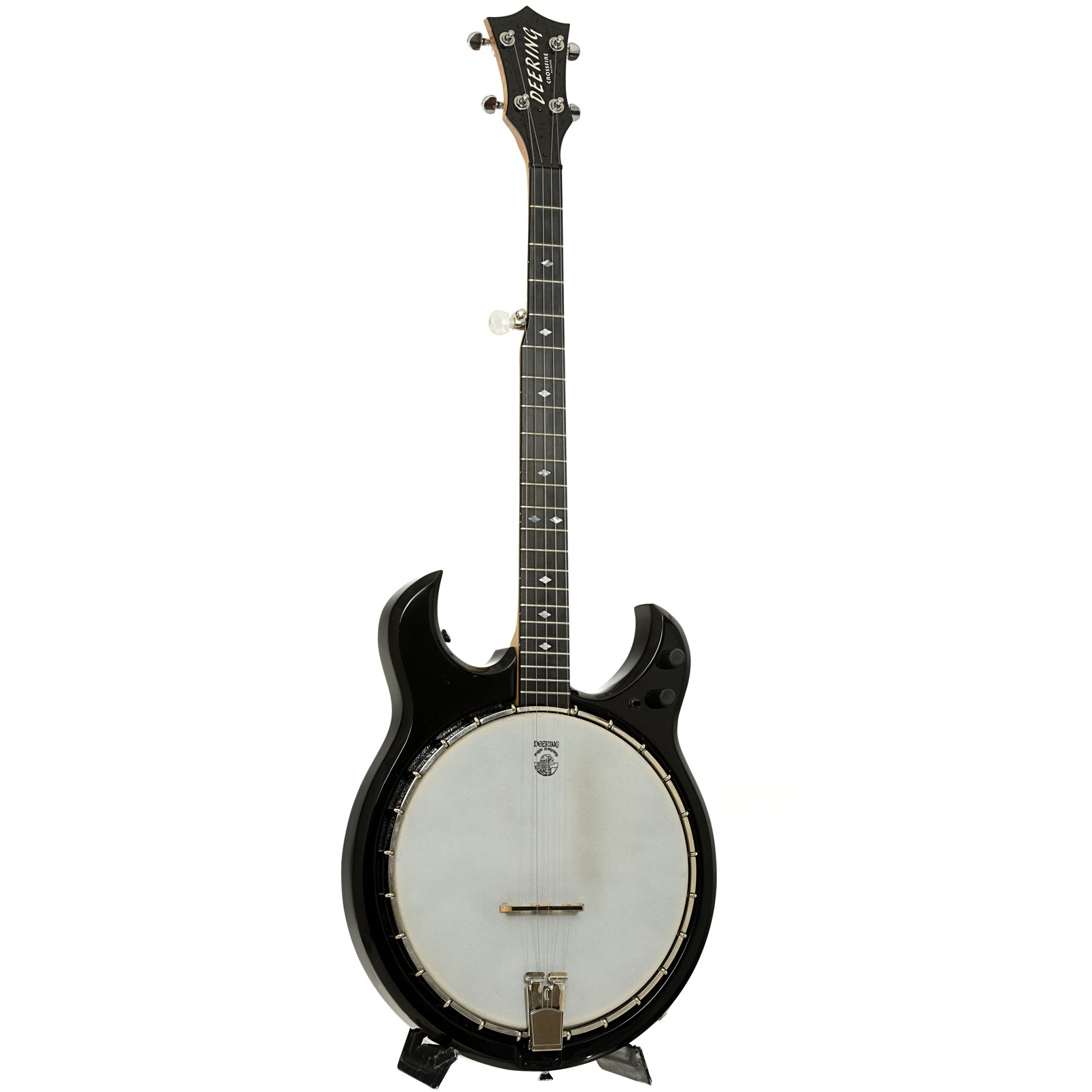 Full front and side of Deering Crossfire Electric Banjo