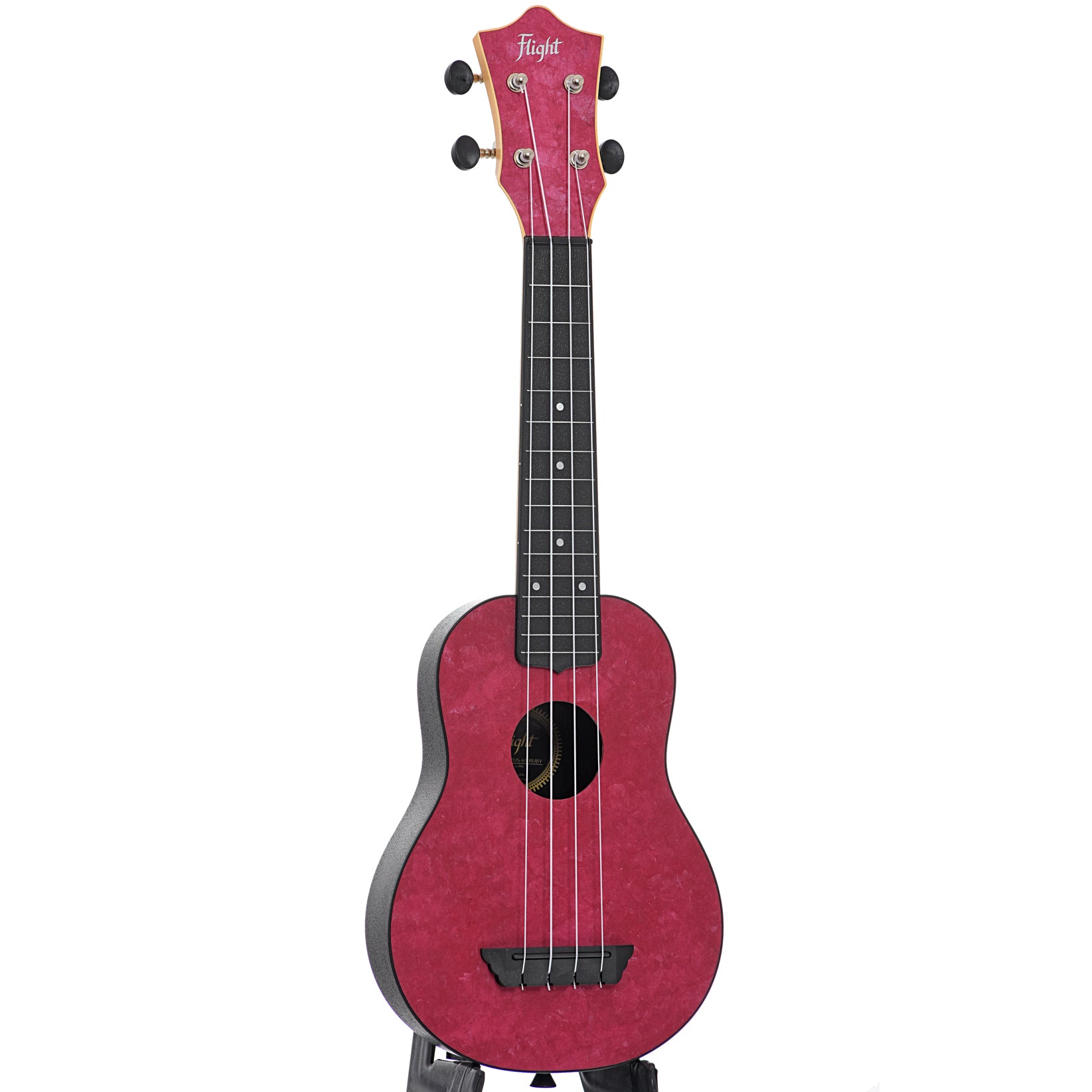 Full front and side of Flight Travel Series TUS65 Ruby Soprano Uke
