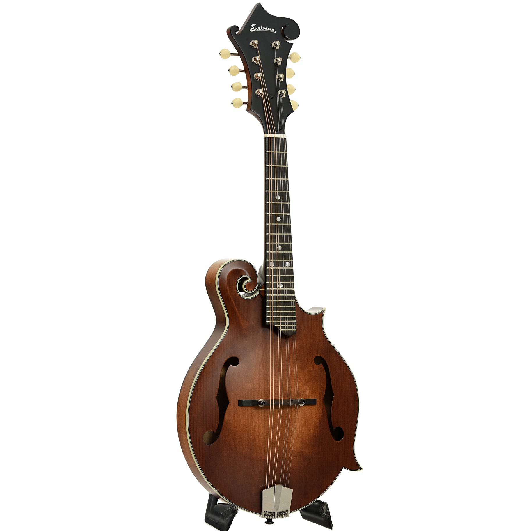 Full front and side of Eastman MD315 Adirondack Wide Neck Amberburst Mandolin