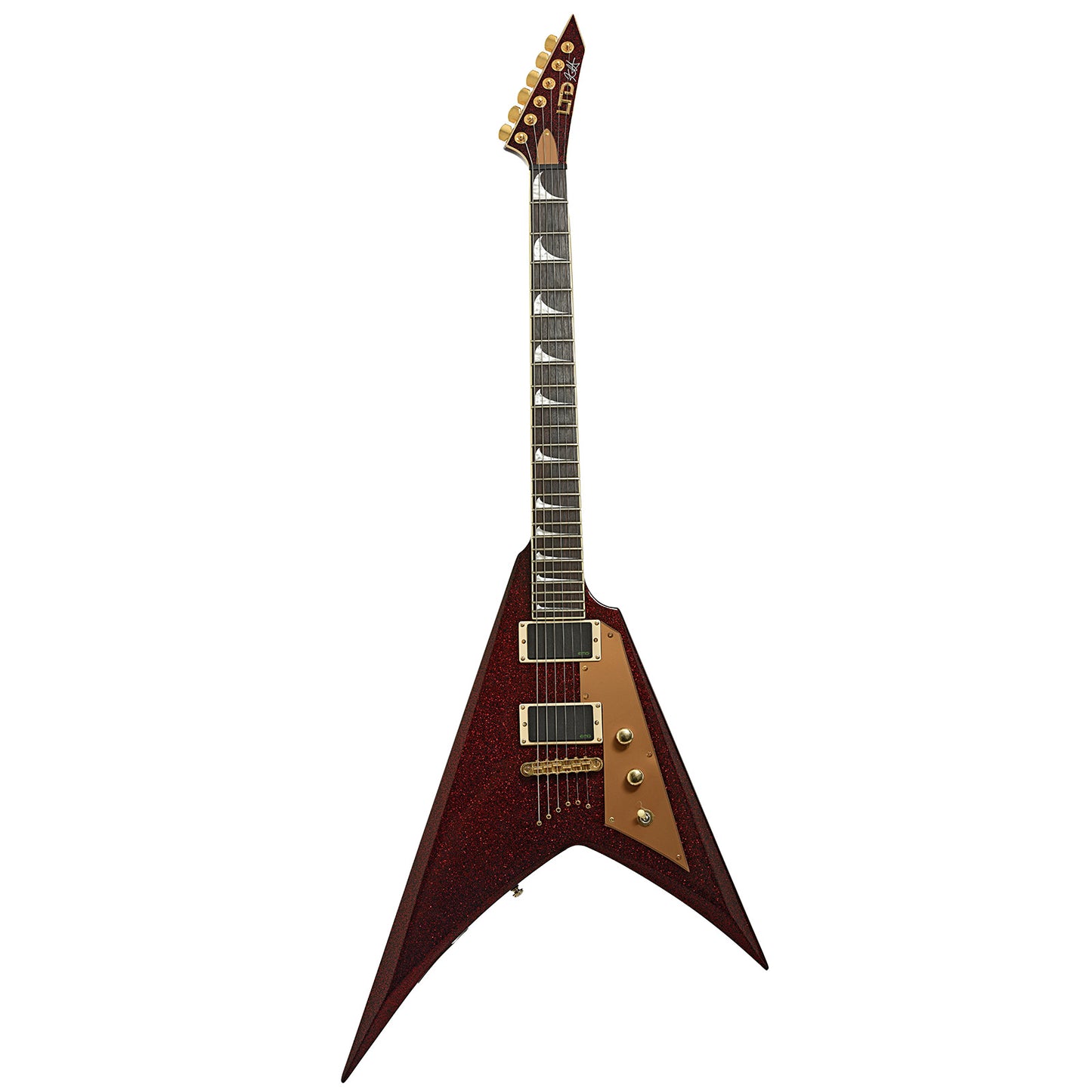 Full front of ESP LTD KH-V Electric Guitar, Red Sparkle 