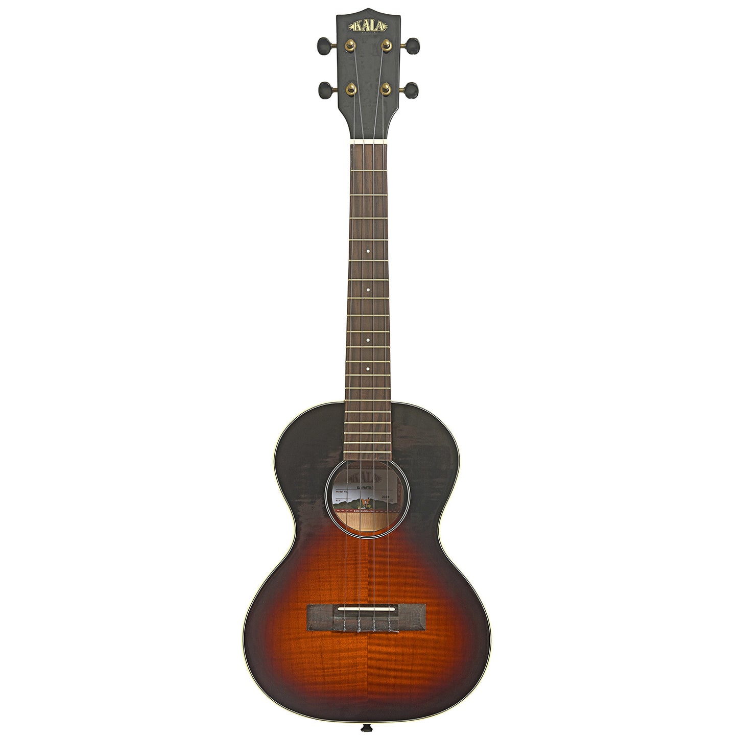 Full front of Kala KA-FMTB-T Gloss Flame Maple Tobacco Burst Tenor Ukulele