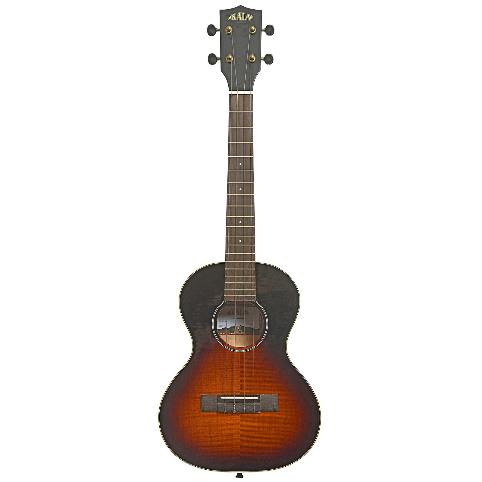 Full front of Kala KA-FMTB-T Gloss Flame Maple Tobacco Burst Tenor Ukulele