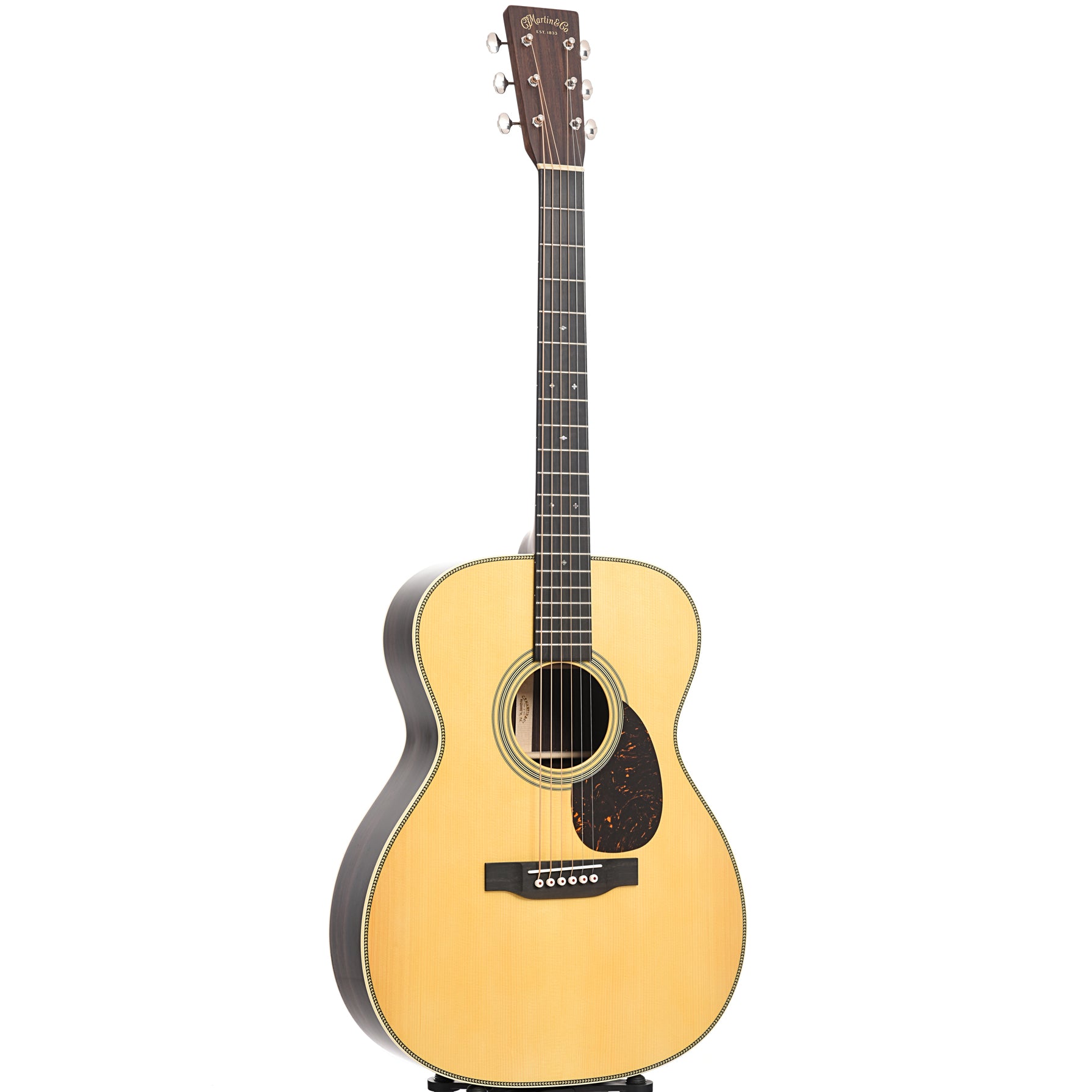Full front of Martin Custom Herringbone 28-Style OM Guitar & Case, Thinner Adirondack Top