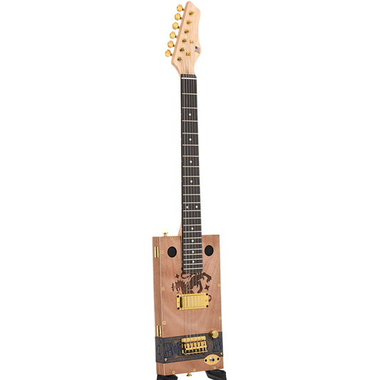 Full front and side of Get Down Guitars 6-String Liga Privada Feral Flying Pig Cigar Box Guitar