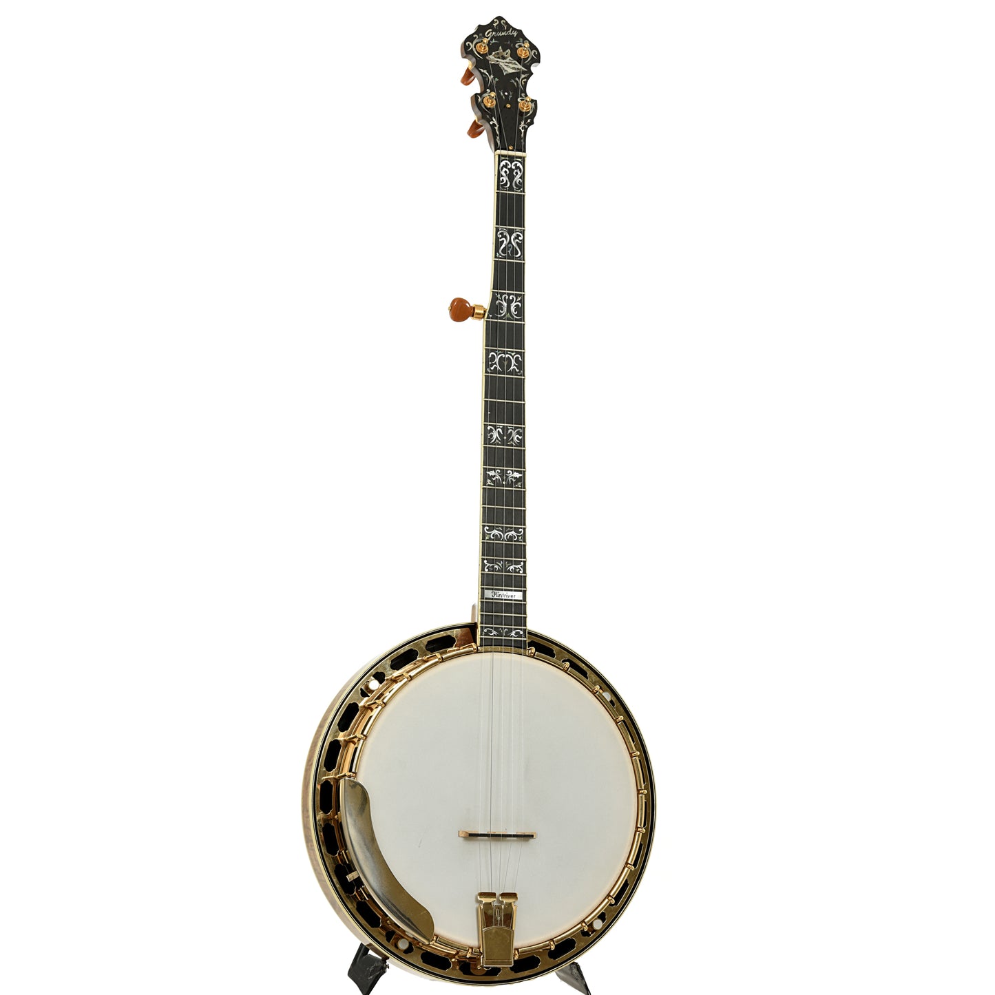 Full front and side of Grundy Flintriver "Blue Heeler" Resonator Banjo 