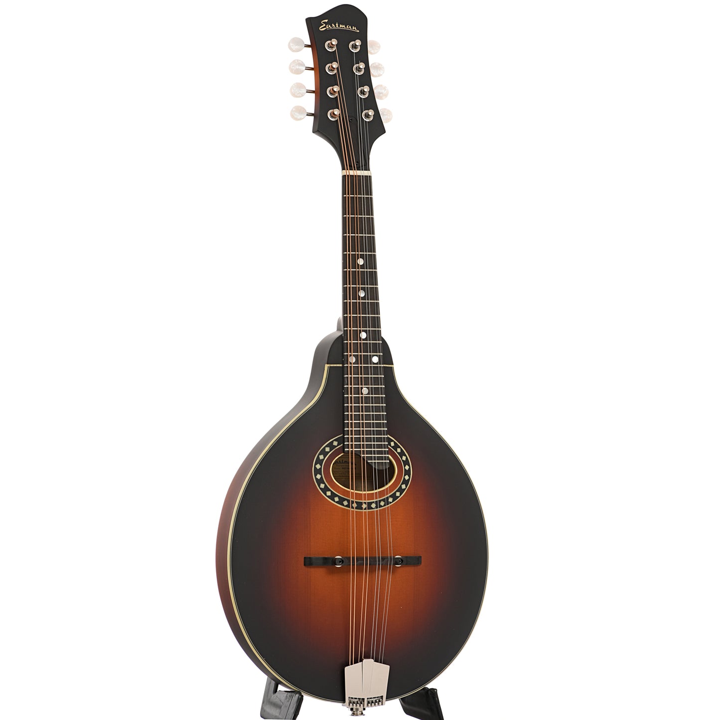 Full front and side of Eastman MD304E-SB Mandolin, Sunburst