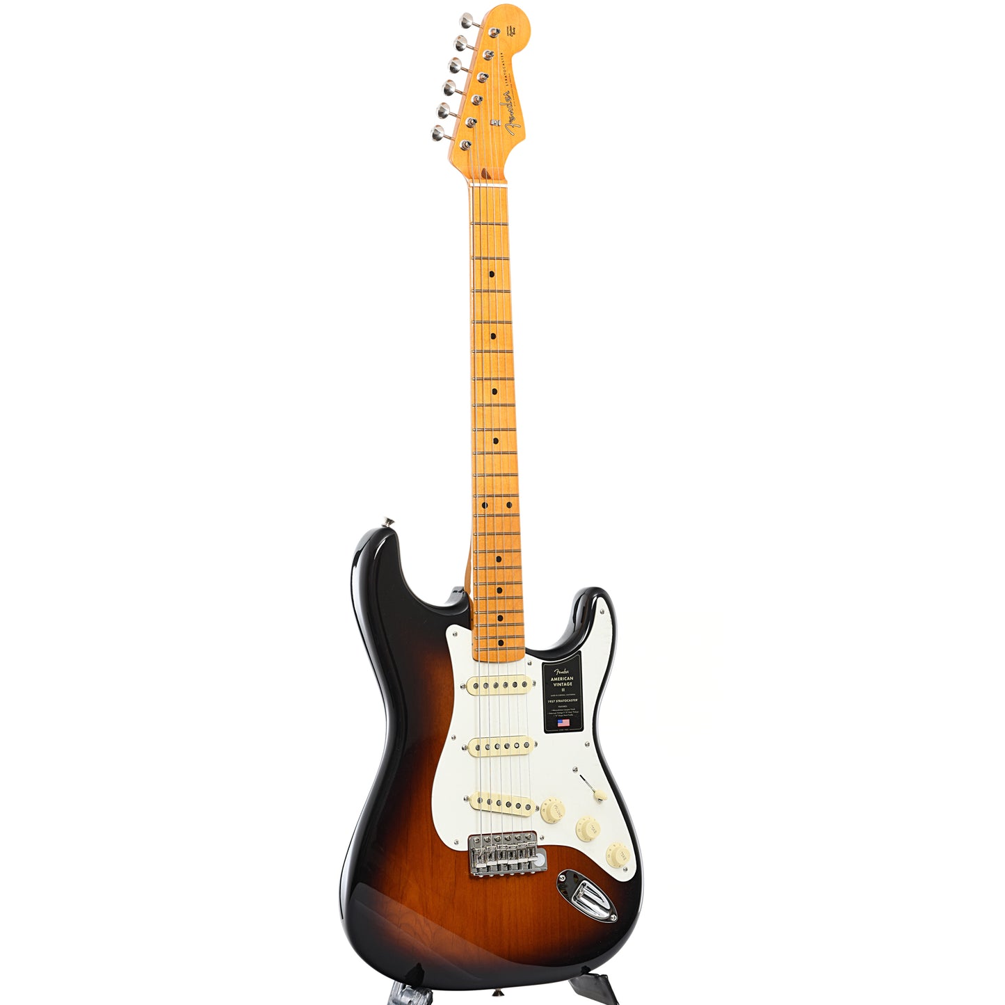 Full front and side of Fender American Vintage II 1957 Stratocaster, 2-Color Sunburst