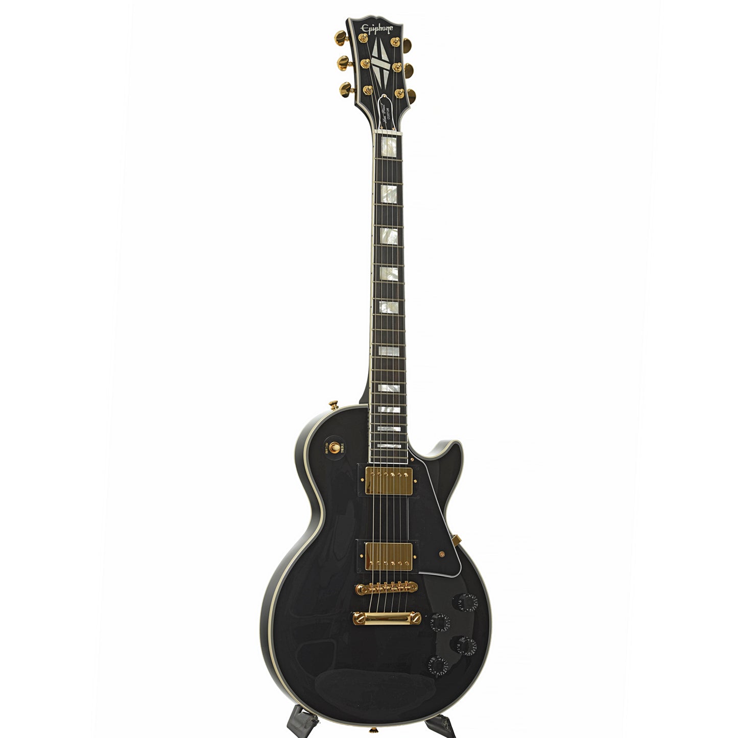 Full front and side of Epiphone IGC Les Paul Custom Electric Guitar & Case, Ebony