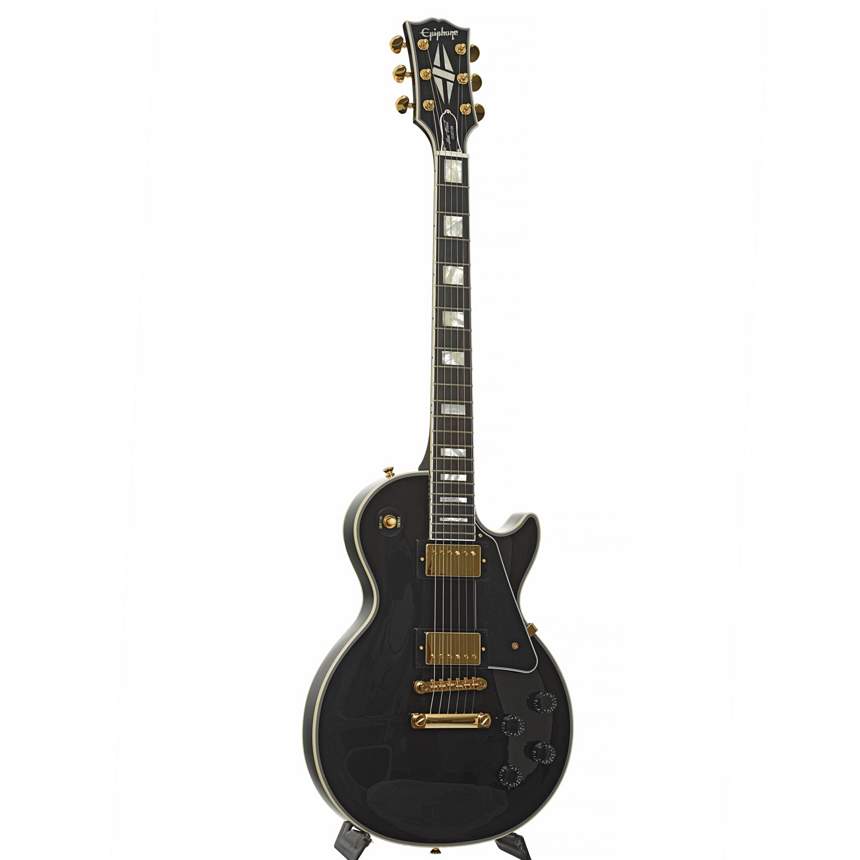 Full front and side of Epiphone IGC Les Paul Custom Electric Guitar & Case, Ebony