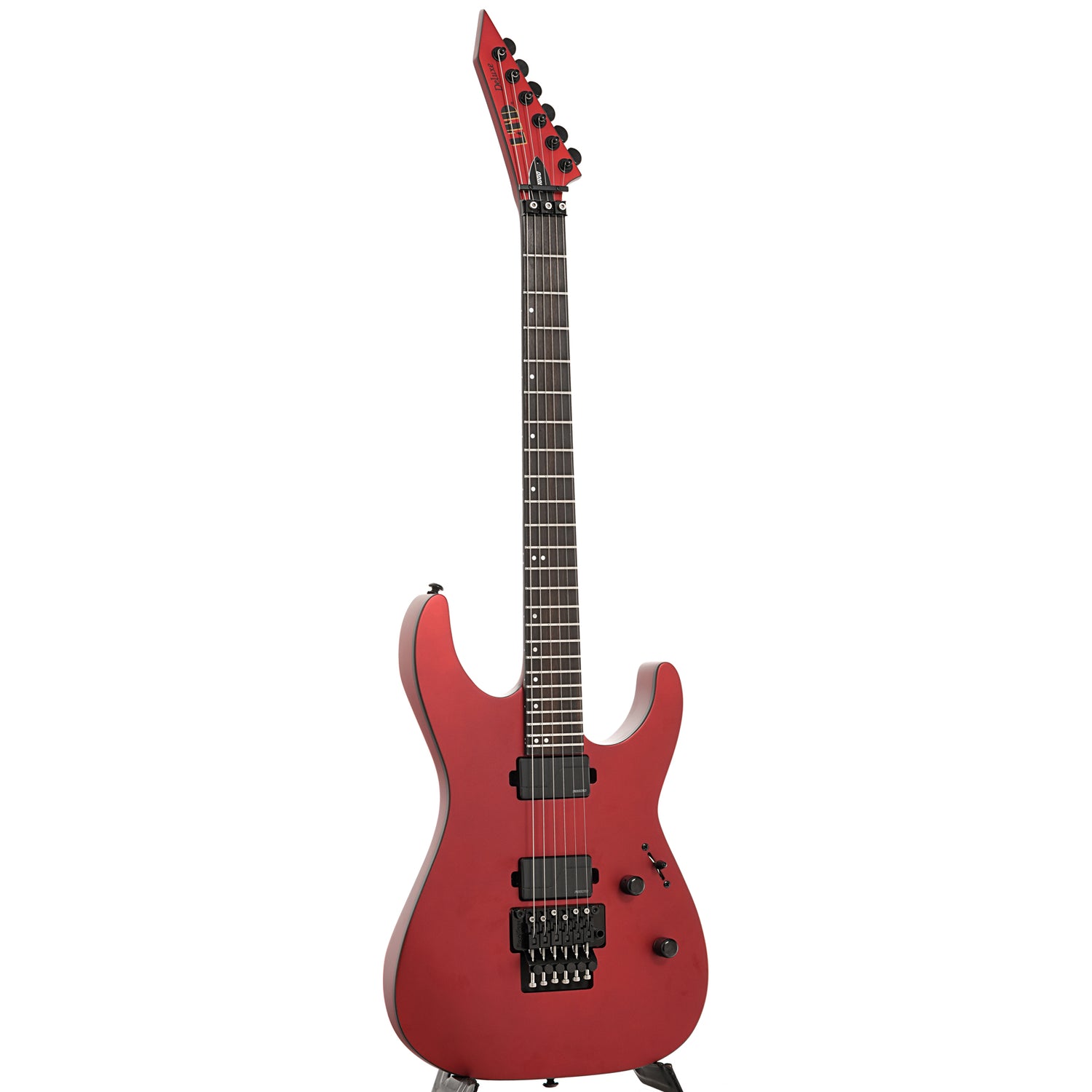 Full front and side of ESP LTD M-1000 Electric Guitar, Candy Apple Red Satin