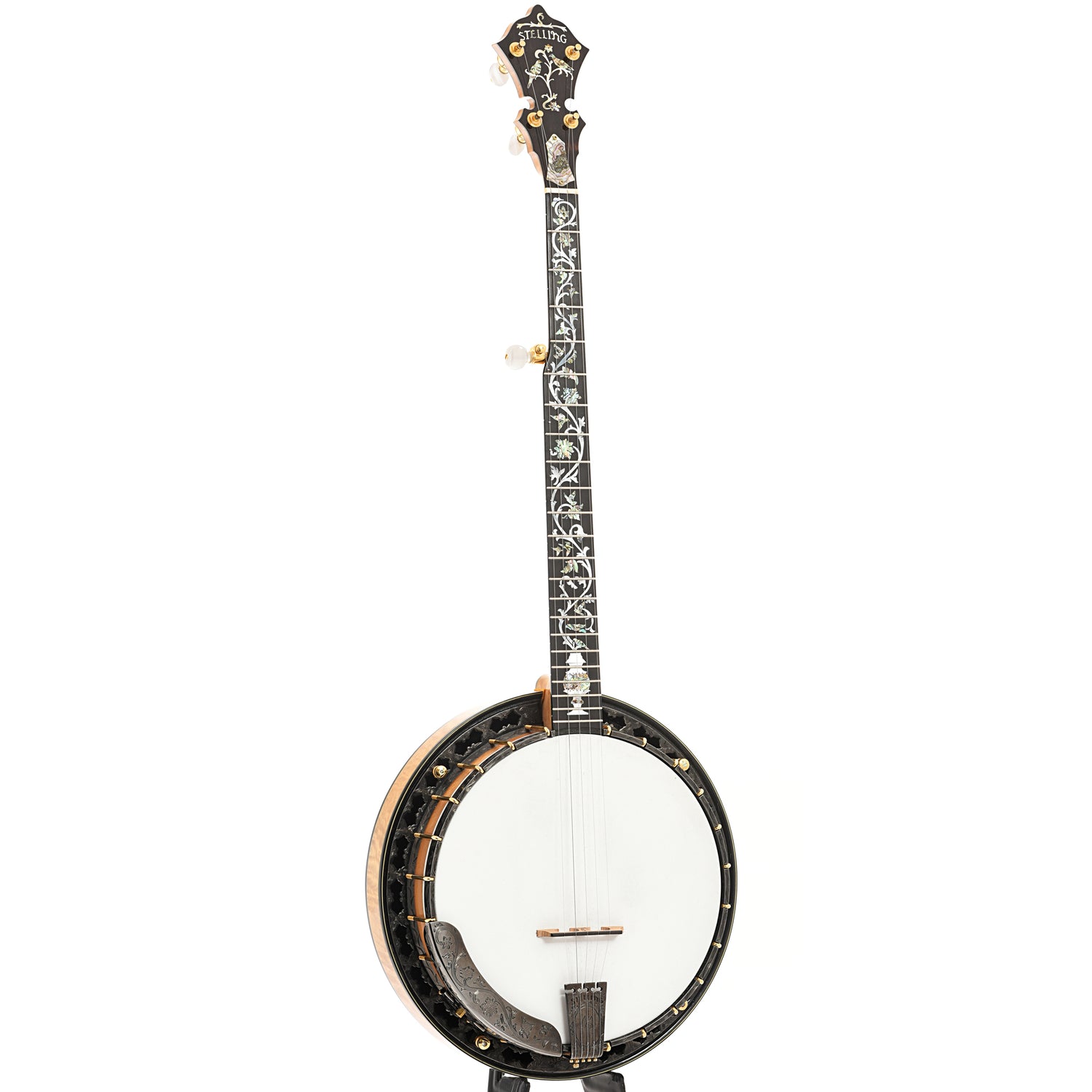 Full front and side of Stelling Tree of Life Custom Resonator Banjo