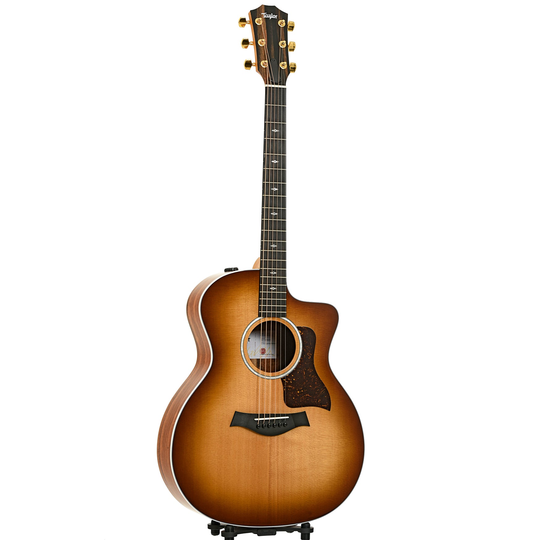 Full front and side of Taylor 214ce Limited Edition Tigerwood Acoustic Guitar