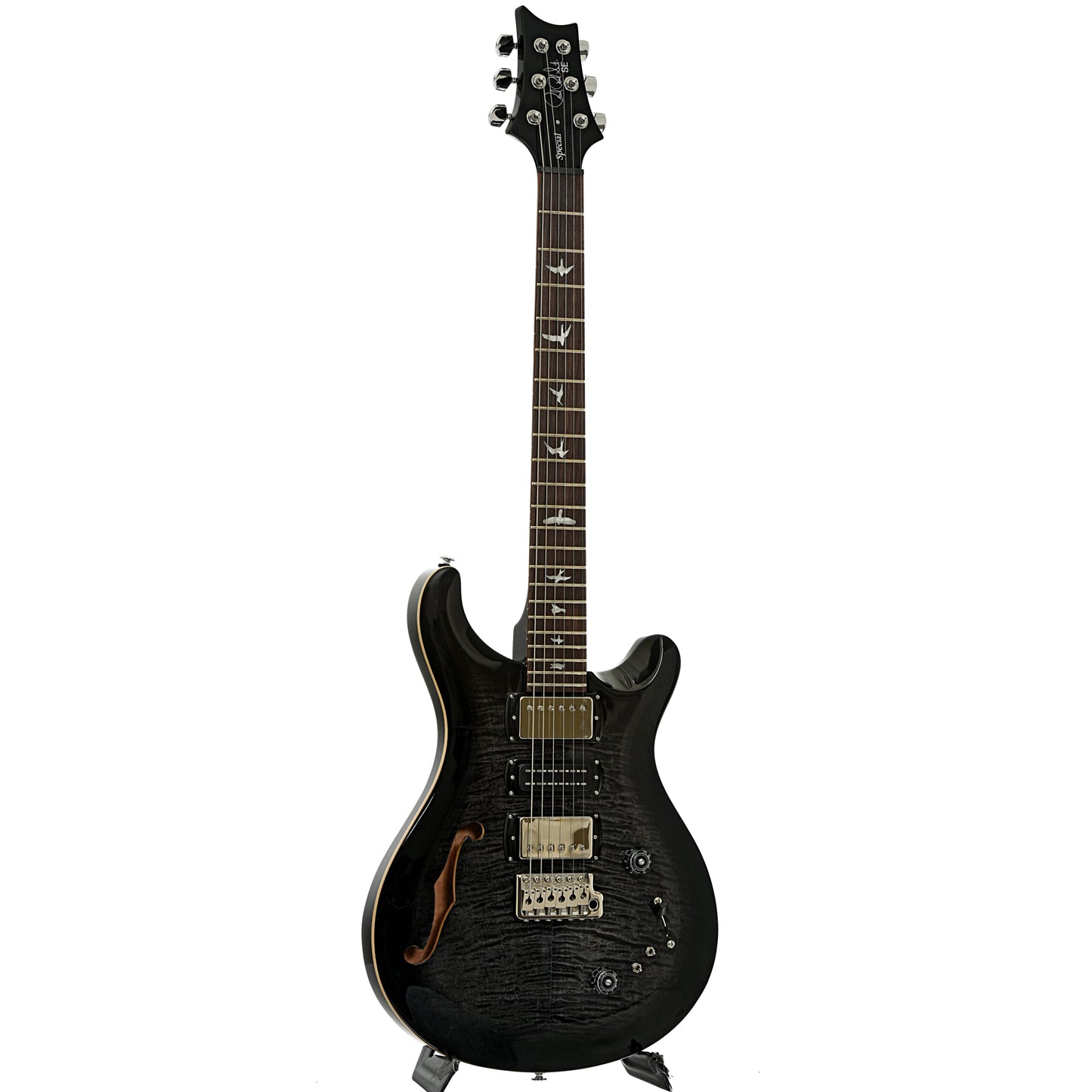 Full front and side of PRS SE Special Semi-Hollow Electric Guitar Charcoal Burst