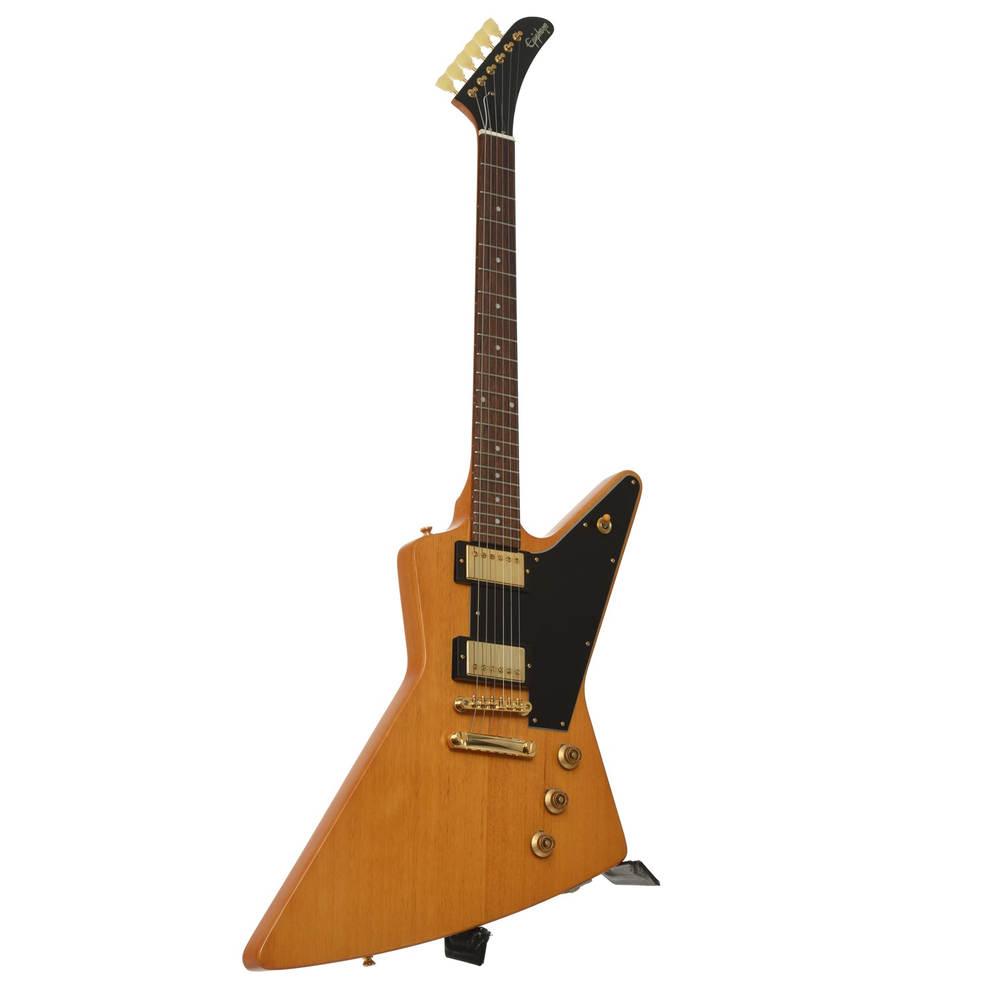 Full front and side of Epiphone '58 Korina Explorer Electric Guitar