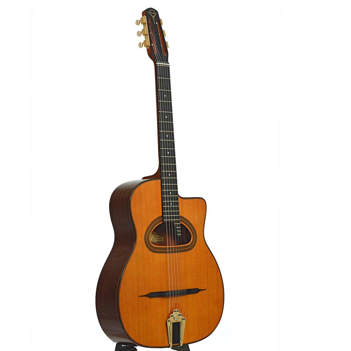 Full front and side of D-500 D-Hole Hot Club Jazz Guitar
