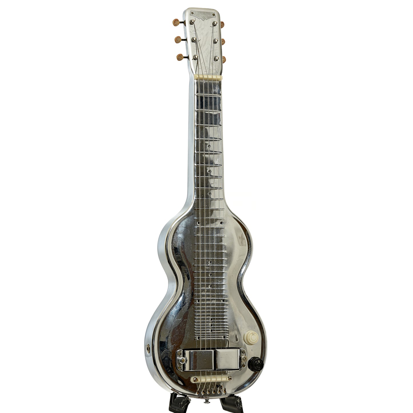 Full front and side of Rickenbacker Silver Hawaiian Lap Steel