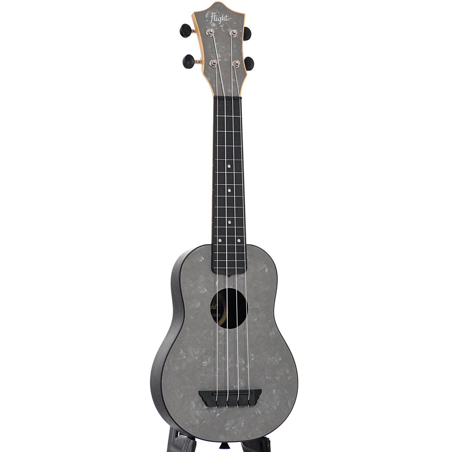 Full front and side of Flight Travel Series TUS65 Silver Soprano Uke