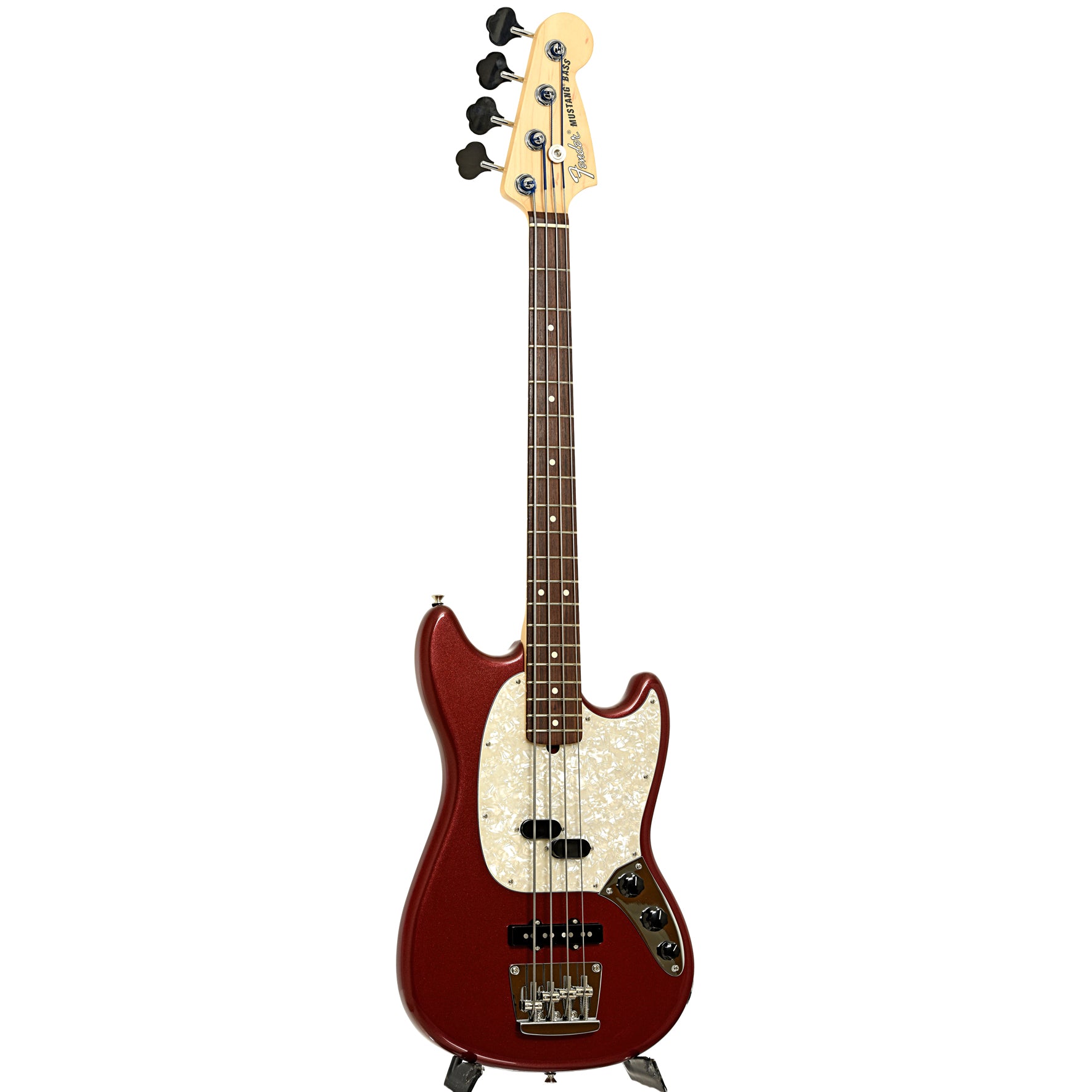 Full front and side of Fender American Performer Mustang Electric Bass
