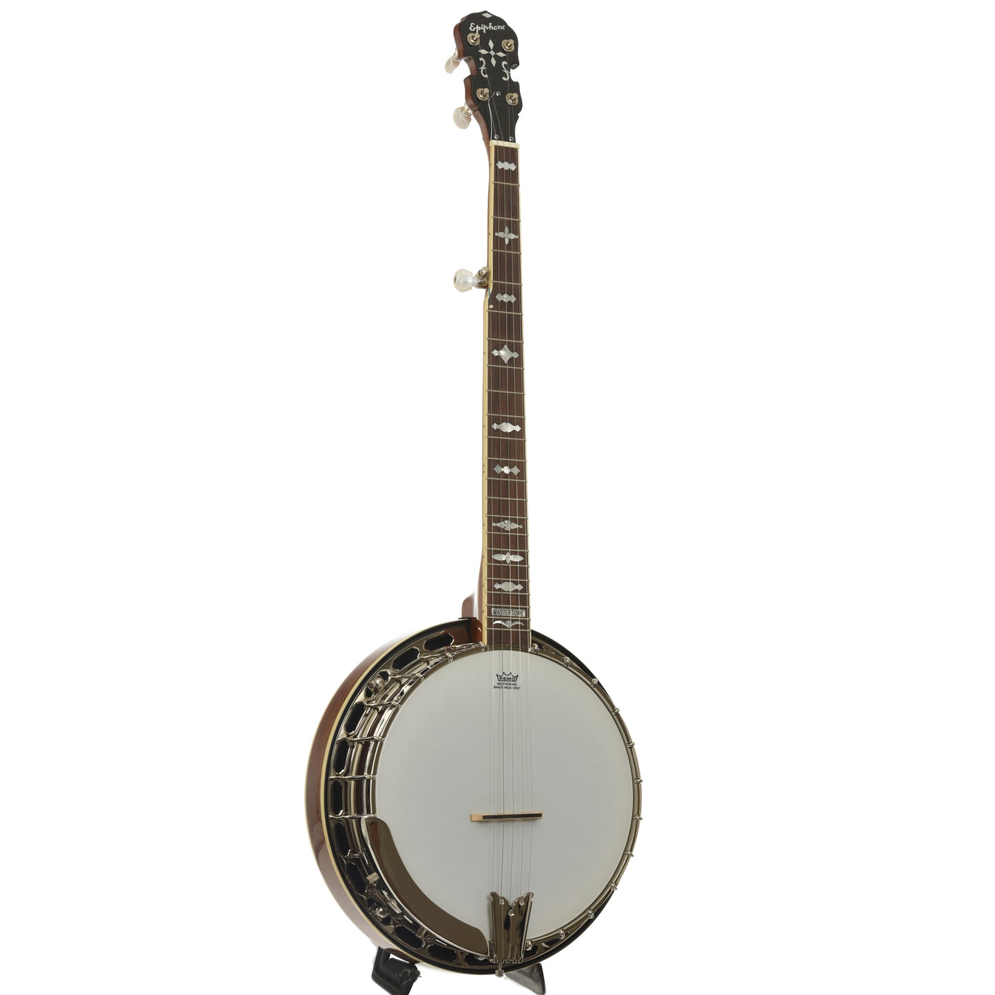 Full front and side of Epiphone Mastertone Classic Resonator Banjo 