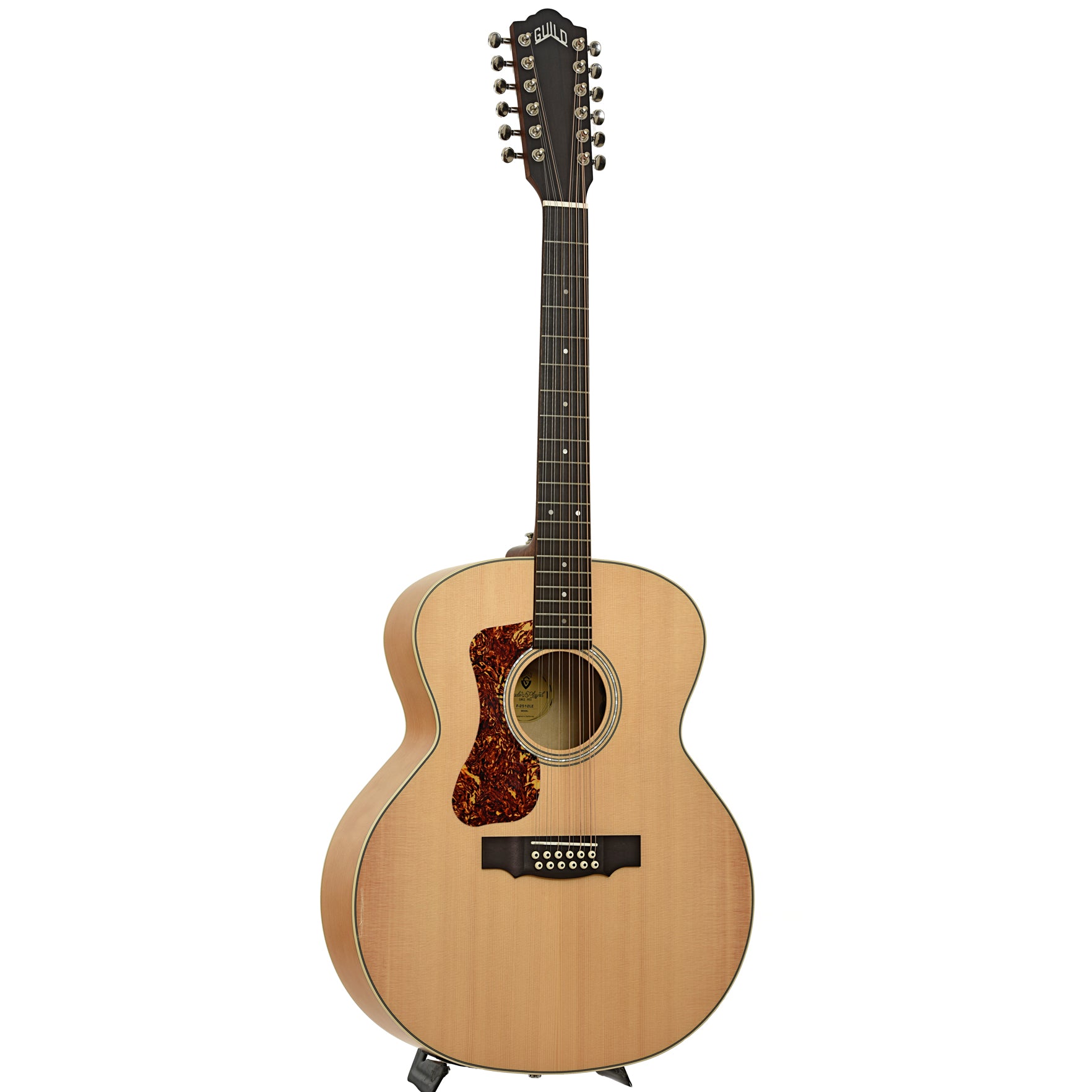 Full front and side of Guild F-2512E Maple Blonde Left Handed 12-String Acoustic Guitar