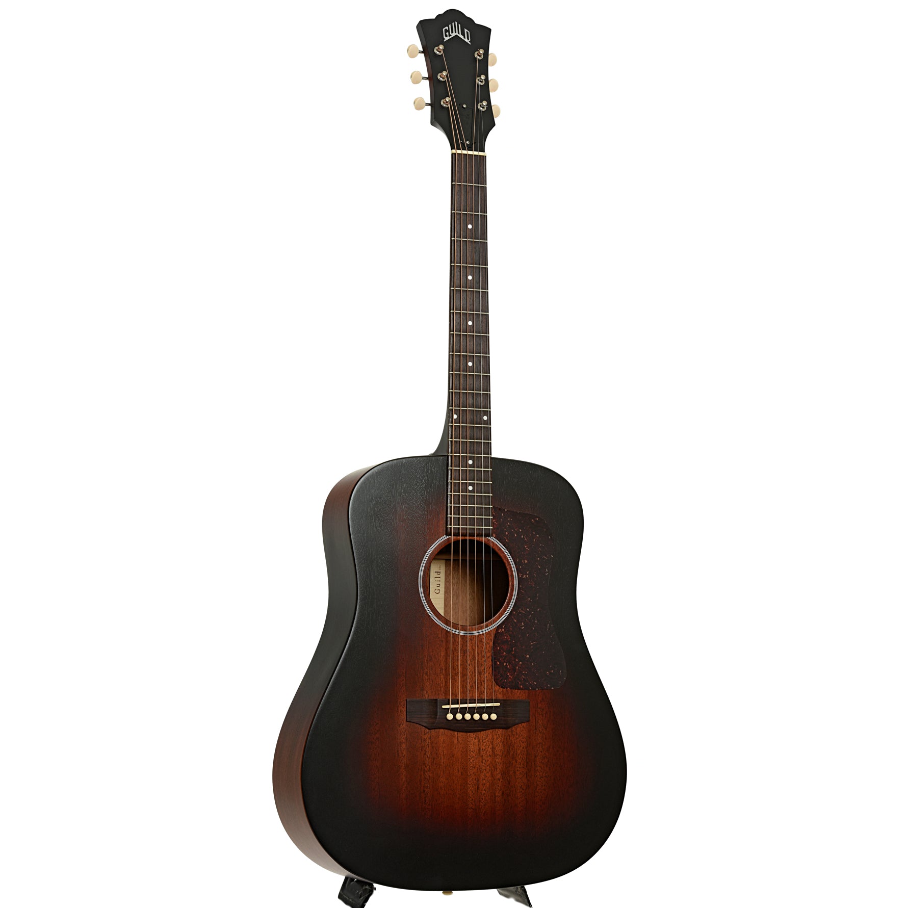 Full front and side of Guild USA D-20 VSB Mahogany Acoustic Guitar 