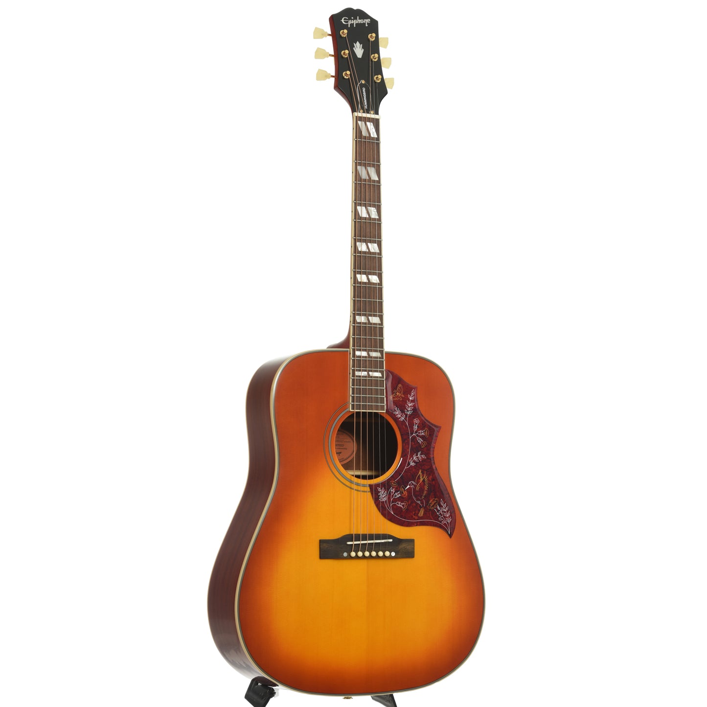 Full front and side of Epiphone Hummingbird Standard Acoustic Guitar
