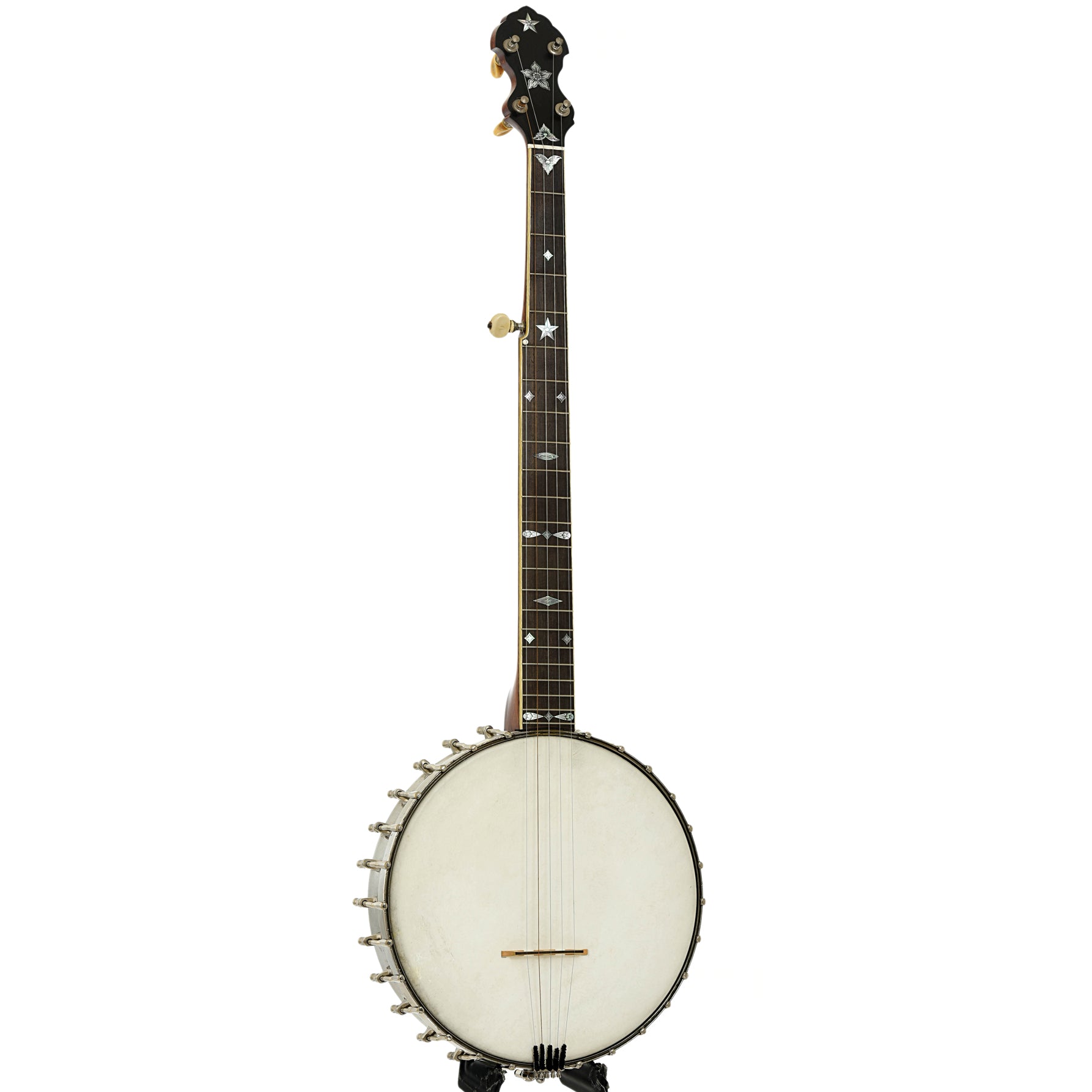 Full front and side of Fairbanks / Unger Conversion Open Back banjo
