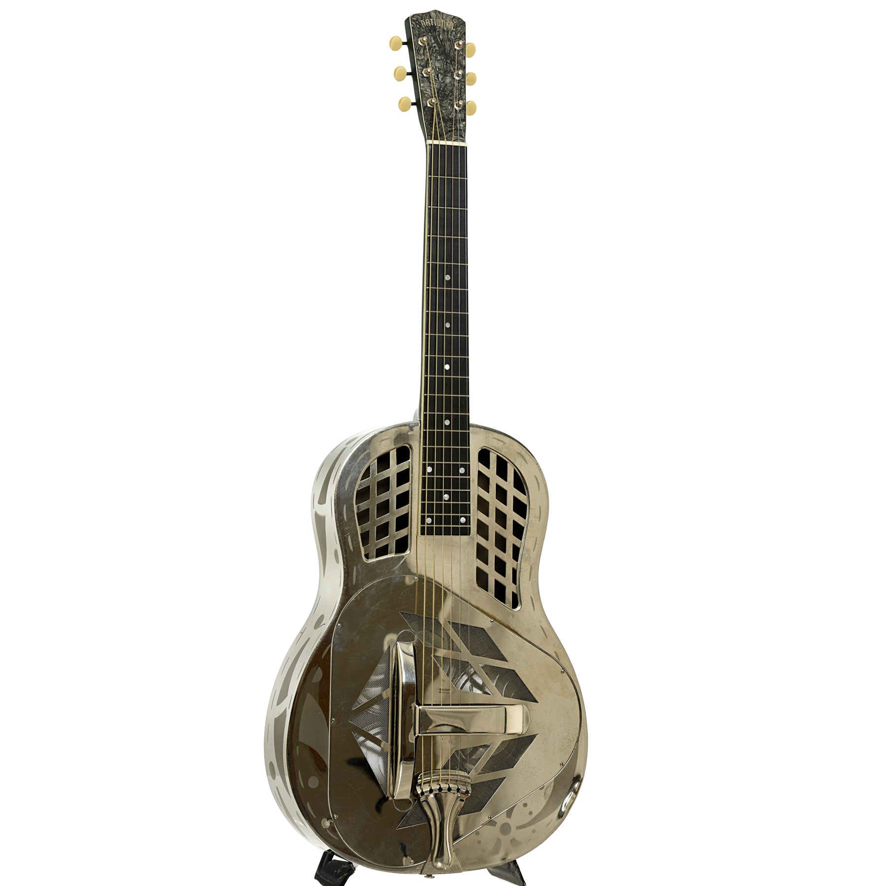 Full front and side of National Tricone Exploding Palm Tree Resonator Guitar