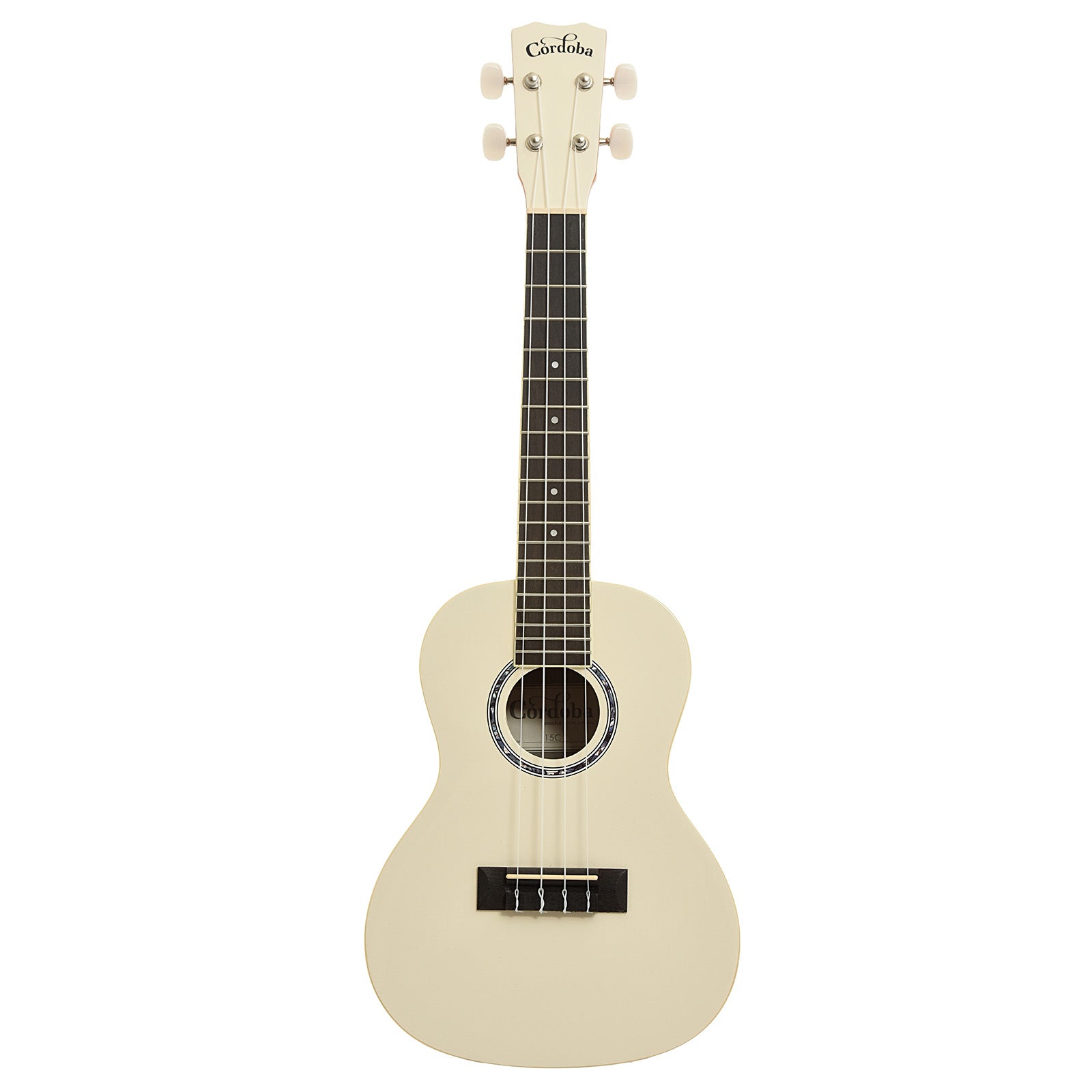 Full front of Cordoba 15C Concert Ukulele, Mallorcan Pearl