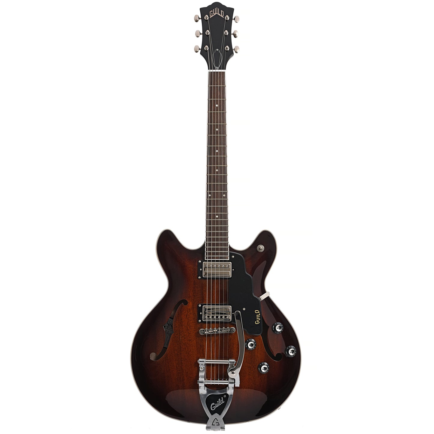 Full front of Guild Starfire I Double Cutaway Semi-Hollow Body Guitar with GVT, California Burst