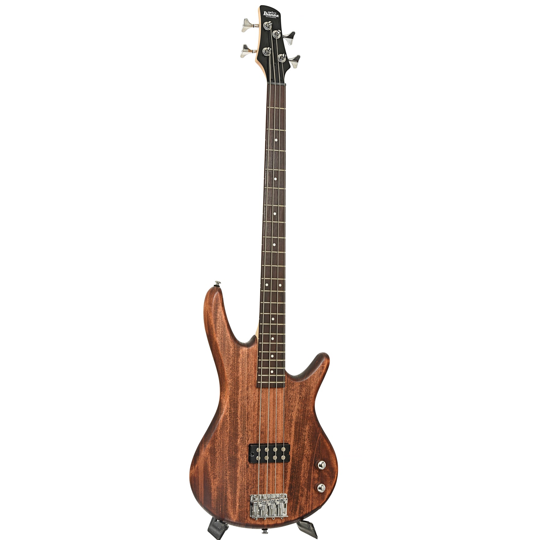 Full front and side of Ibanez Gio GSR100EX Electric Bass Guitar, Mahogany Oil