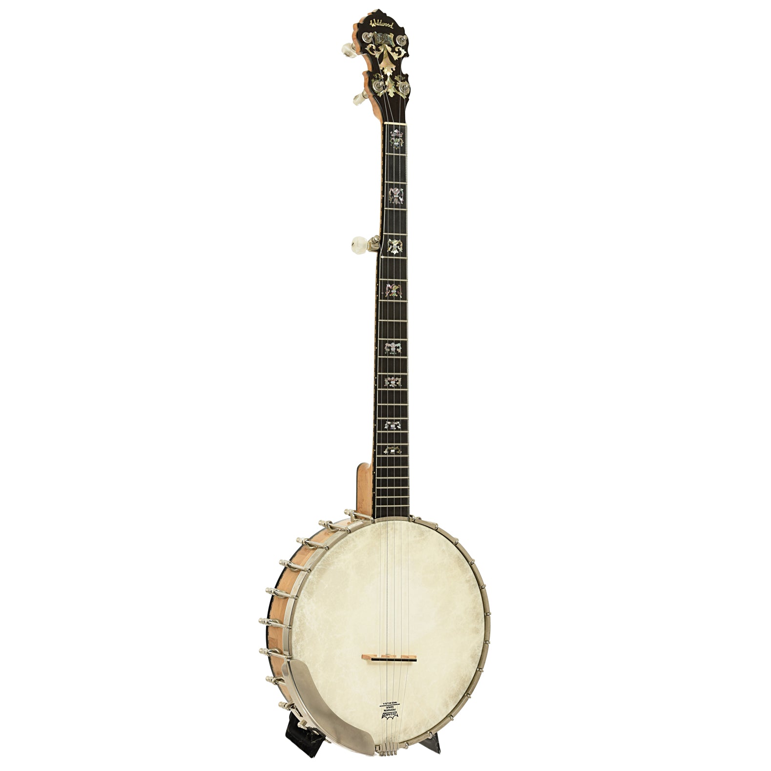 Full front and side of Wildwood Artist Open Back Banjo