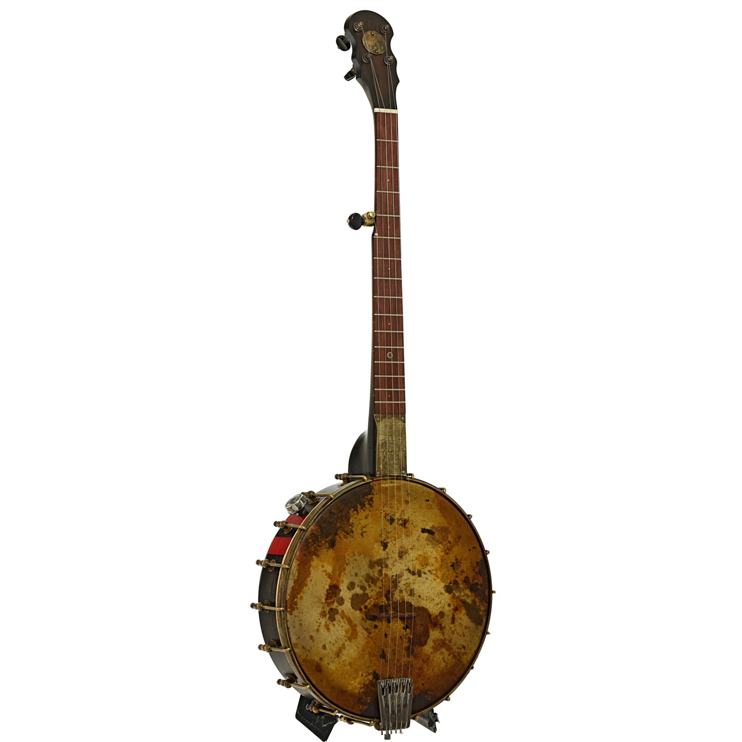 Full front and side of Mulheron Little Red Rooster Custom Open Back Banjo 