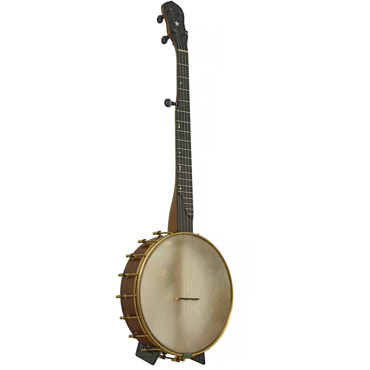 Full Front & Side of Chuck Lee Lone Star 12in Openback Banjo & Case, #877