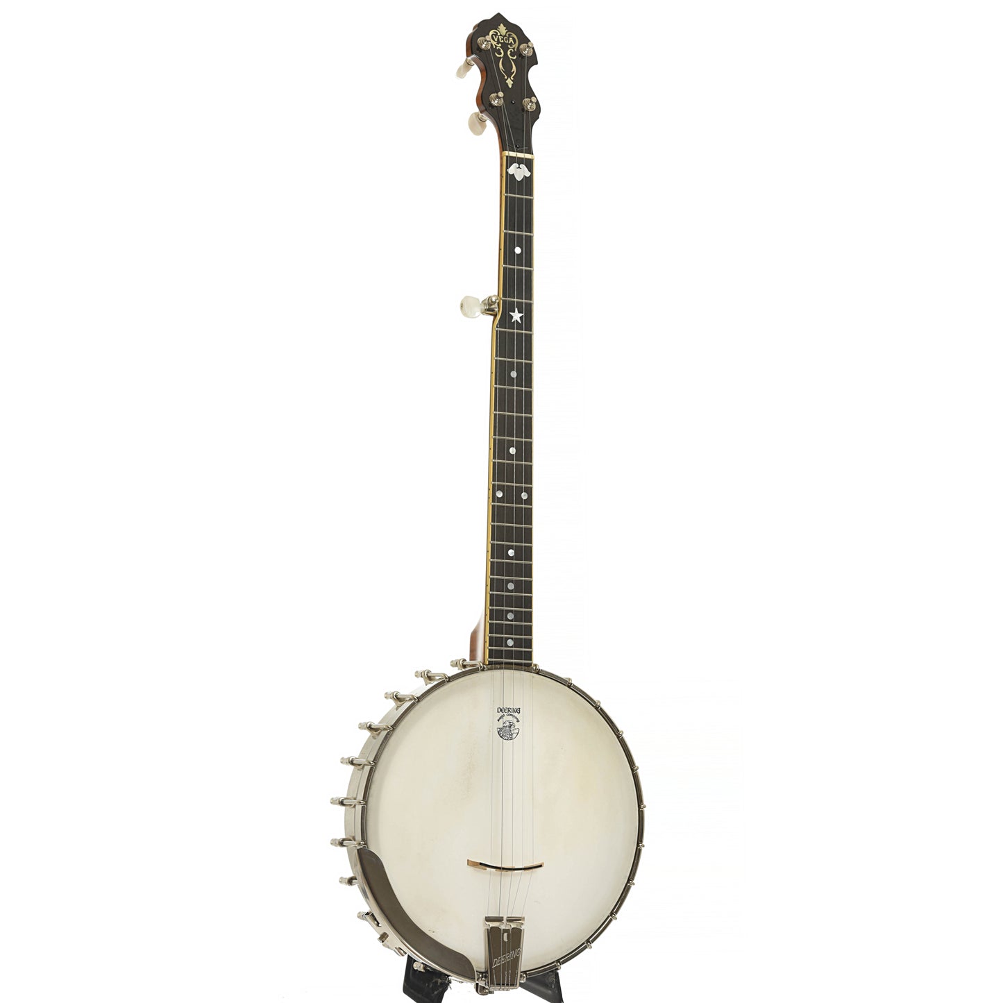 Full front and side of Deering Vega No. 2 Open Back Banjo