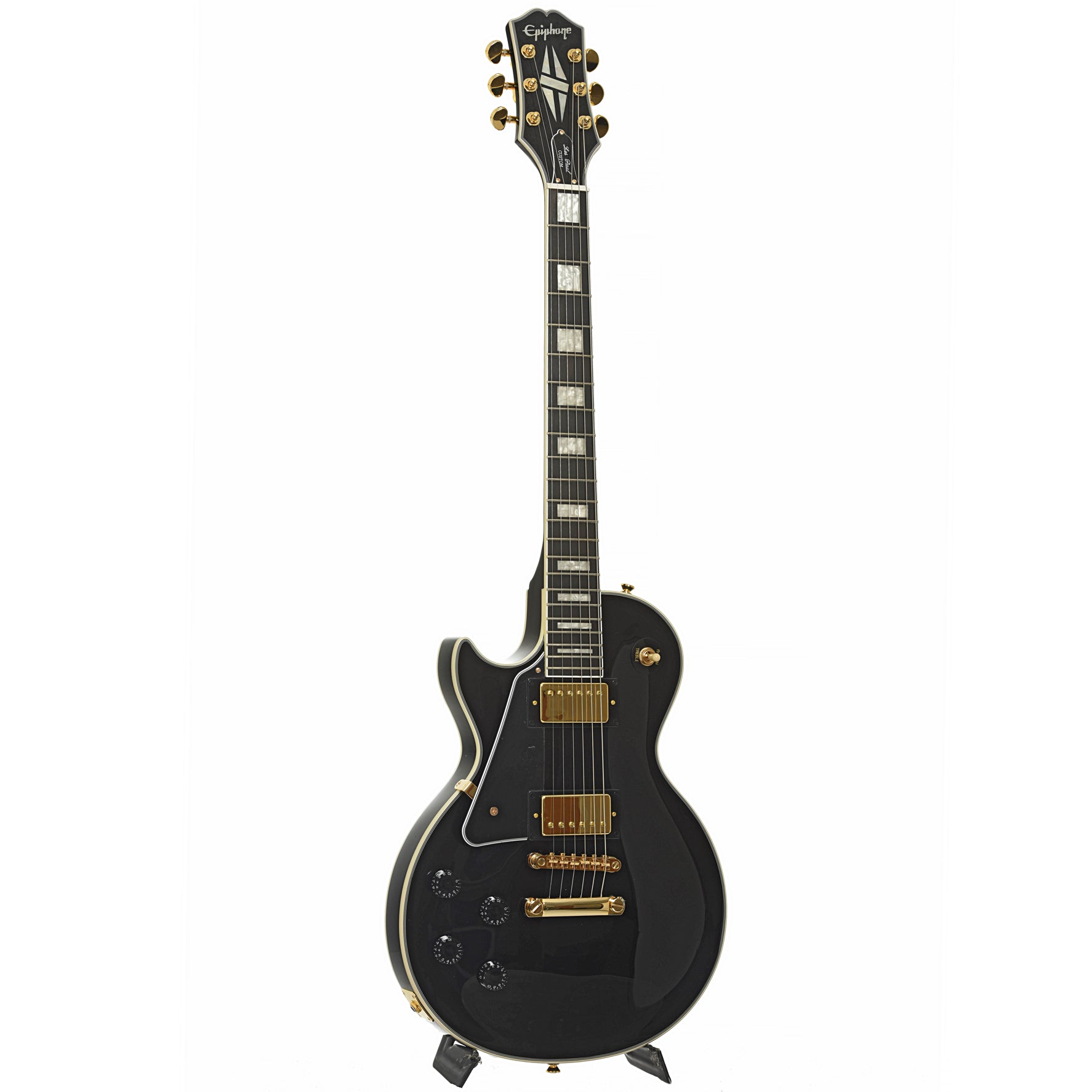 Front and side od Epiphone Les Paul Custom Left-Handed Electric Guitar & Gigbag, Ebony 