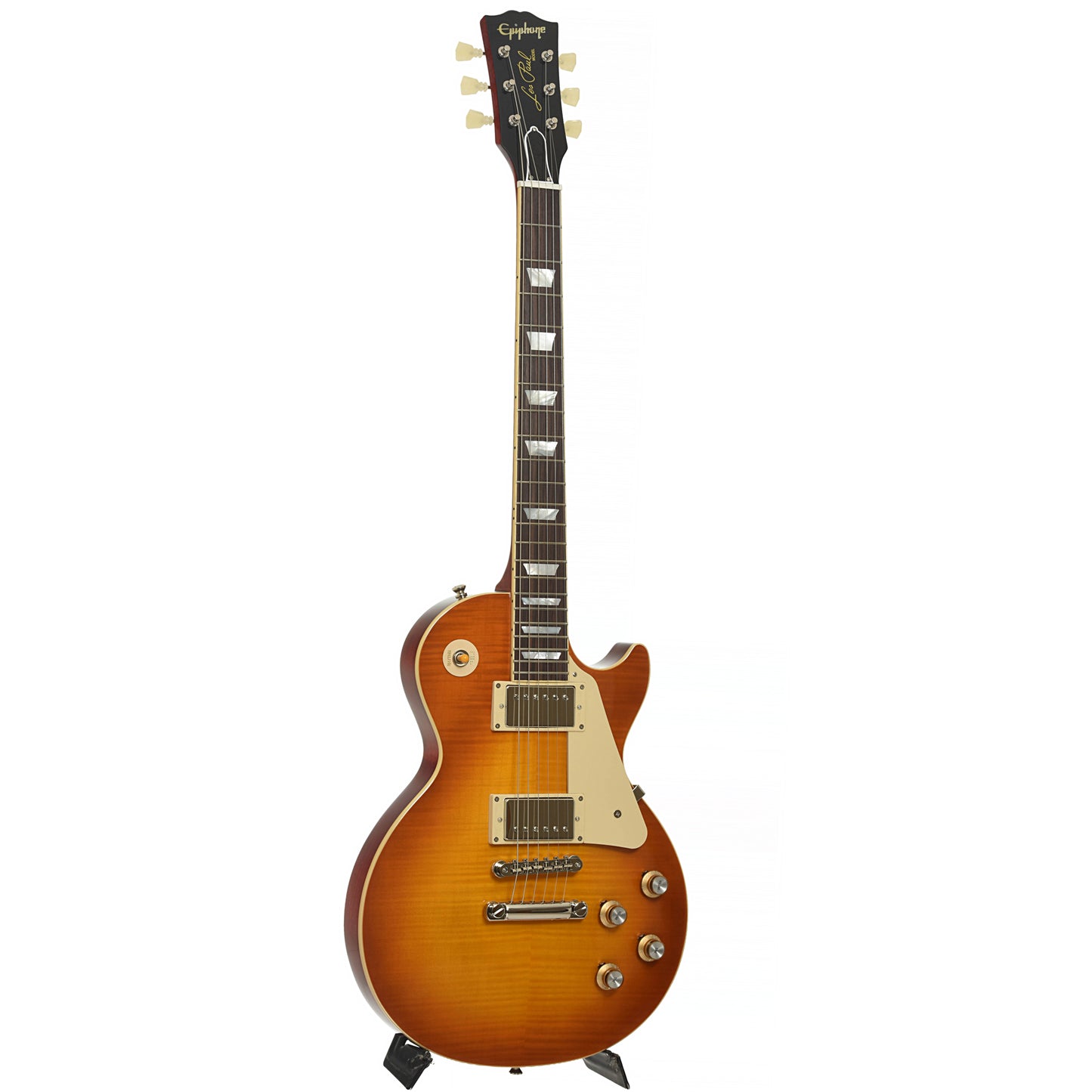 Full front and side of Epiphone 1960 Les Paul Standard Reissue Electric Guitar & Case, Iced Tea Burst