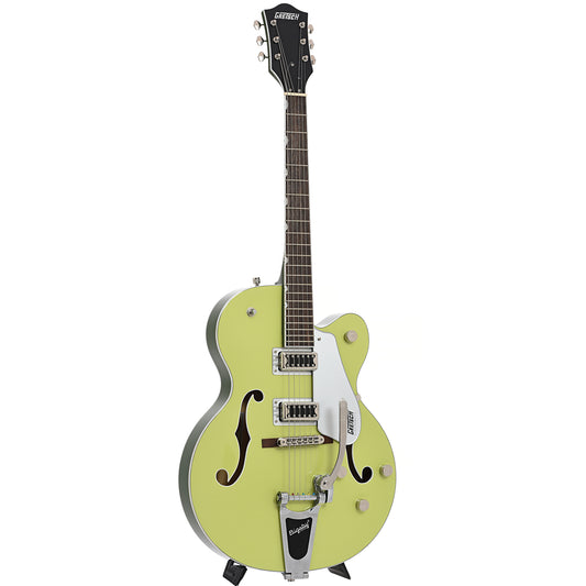 Full front and side of Gretsch G5420T Electromatic Classic Single-Cut with Bigsby, Two-Tone Anniversary Green