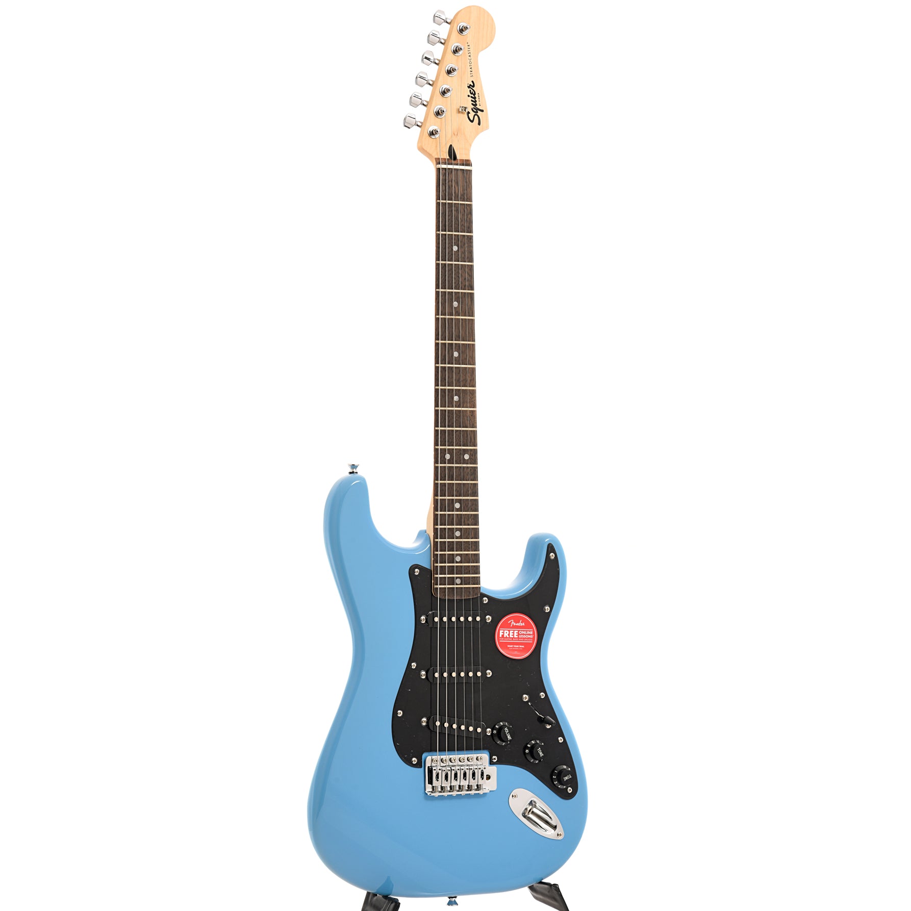 Full front and side of Squier Sonic Stratocaster, California Blue