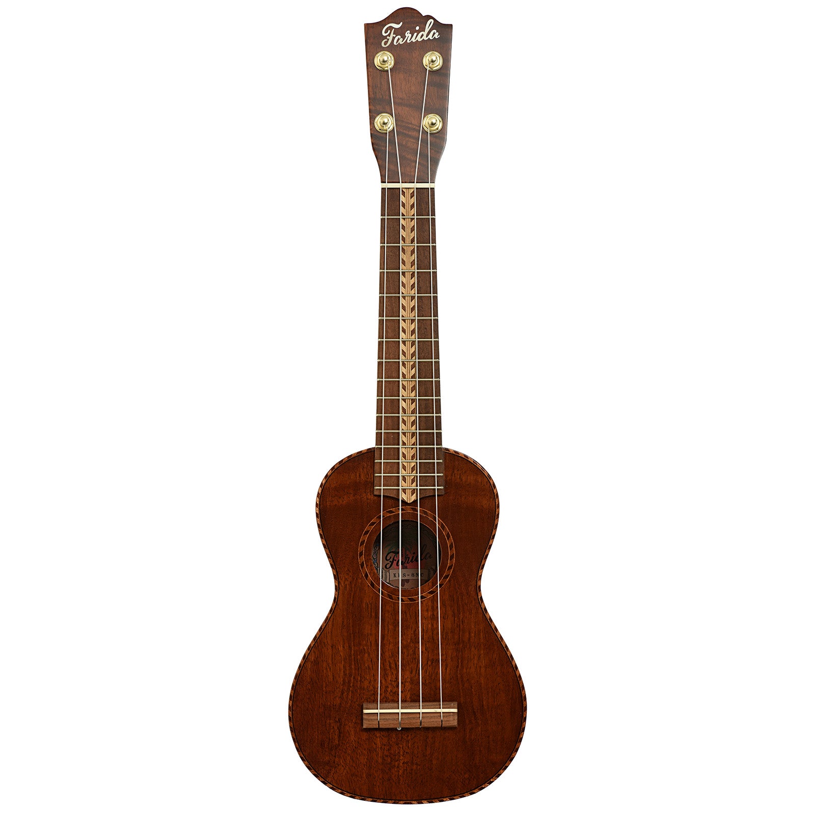 Full front of Farida Holiday Pack, Koa Soprano Ukulele