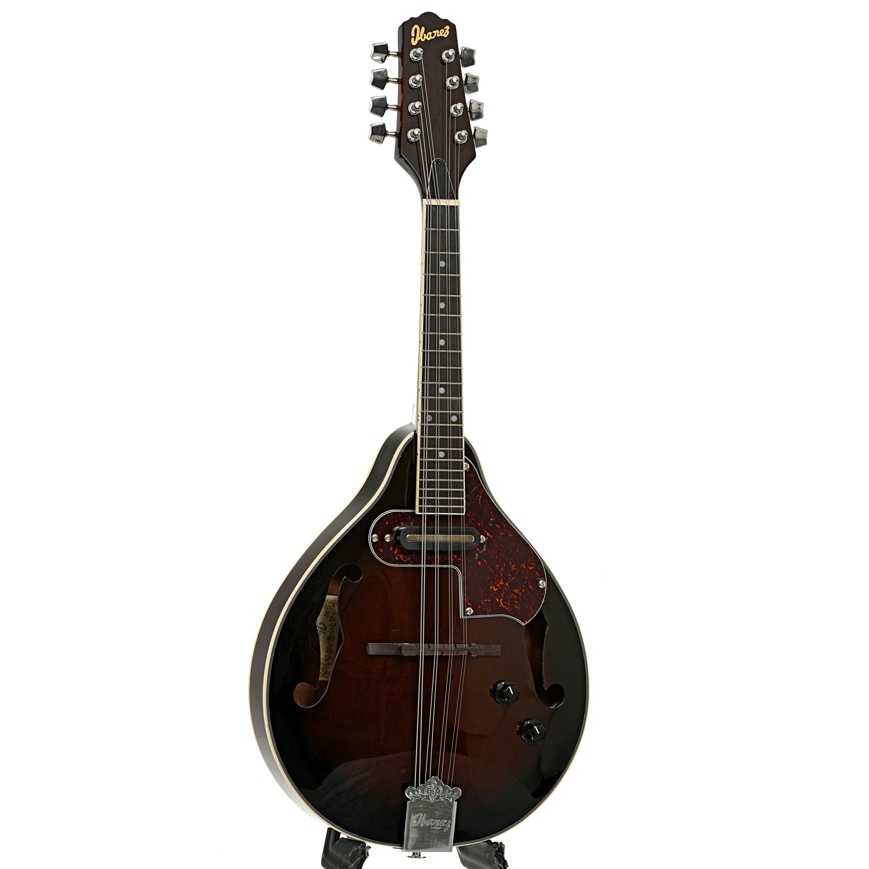 Full front and side of Ibanez M510E Acoustic-Electric A-Style Mandolin, Dark Violin Sunburst