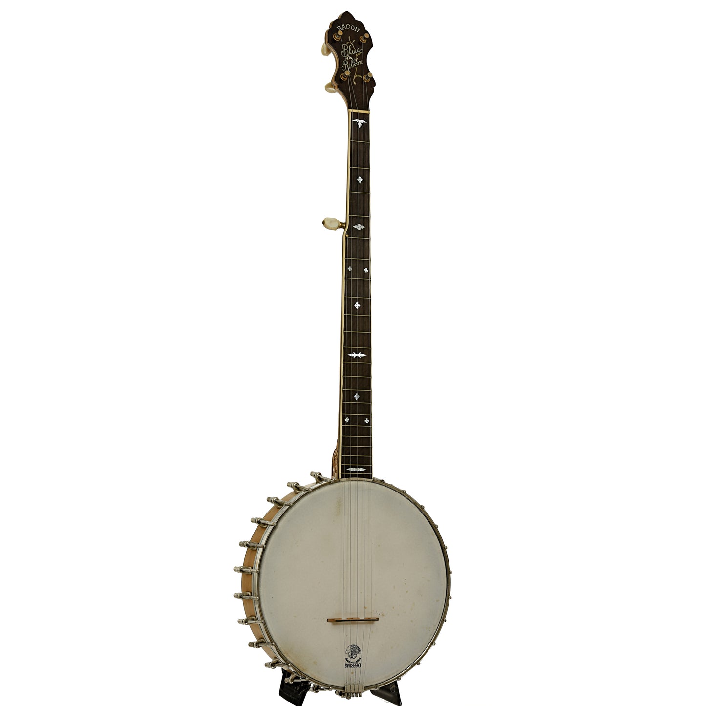 Full front and side of Bacon Blue Ribbon A1 Special Open Back Banjo
