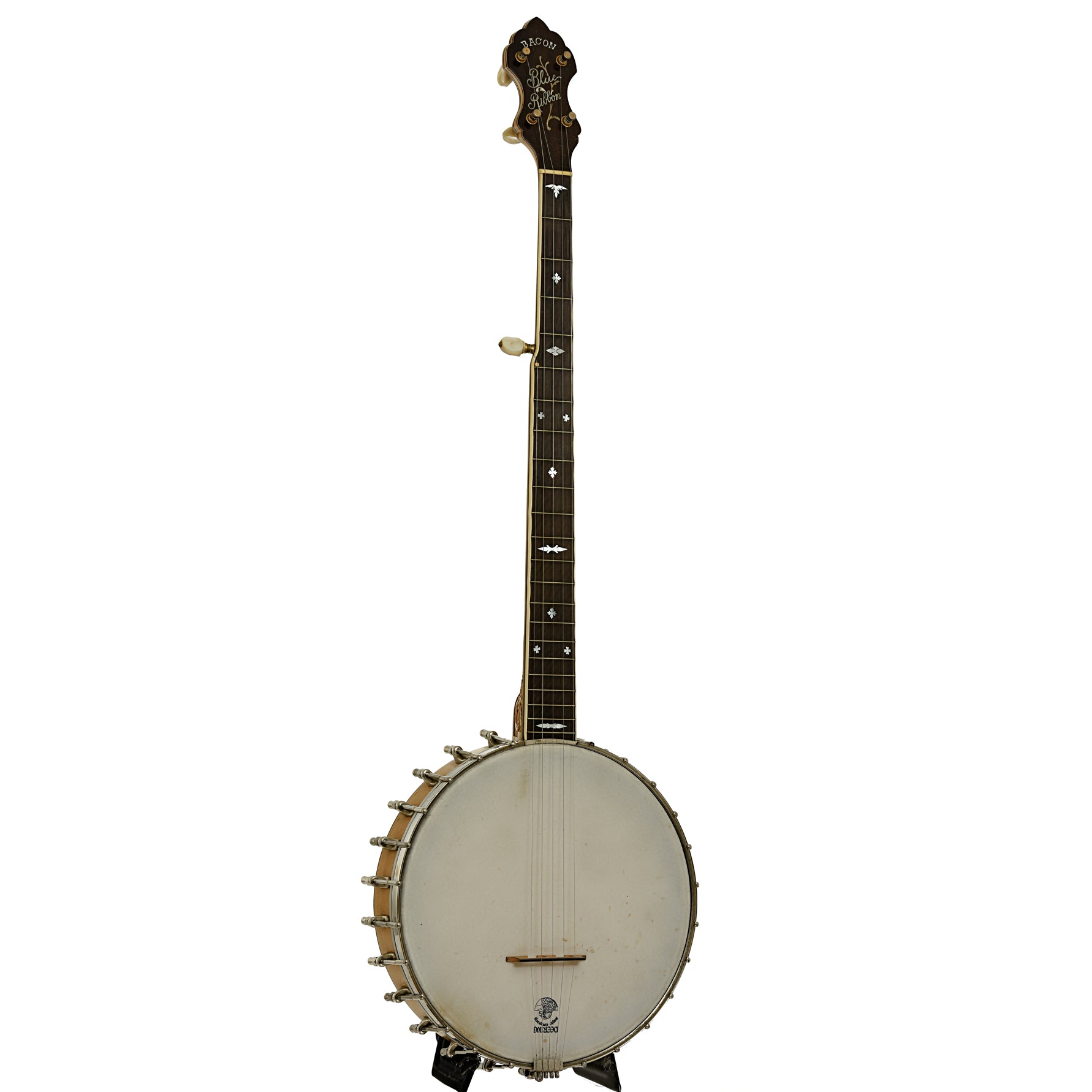 Full front and side of Bacon Blue Ribbon A1 Special Open Back Banjo