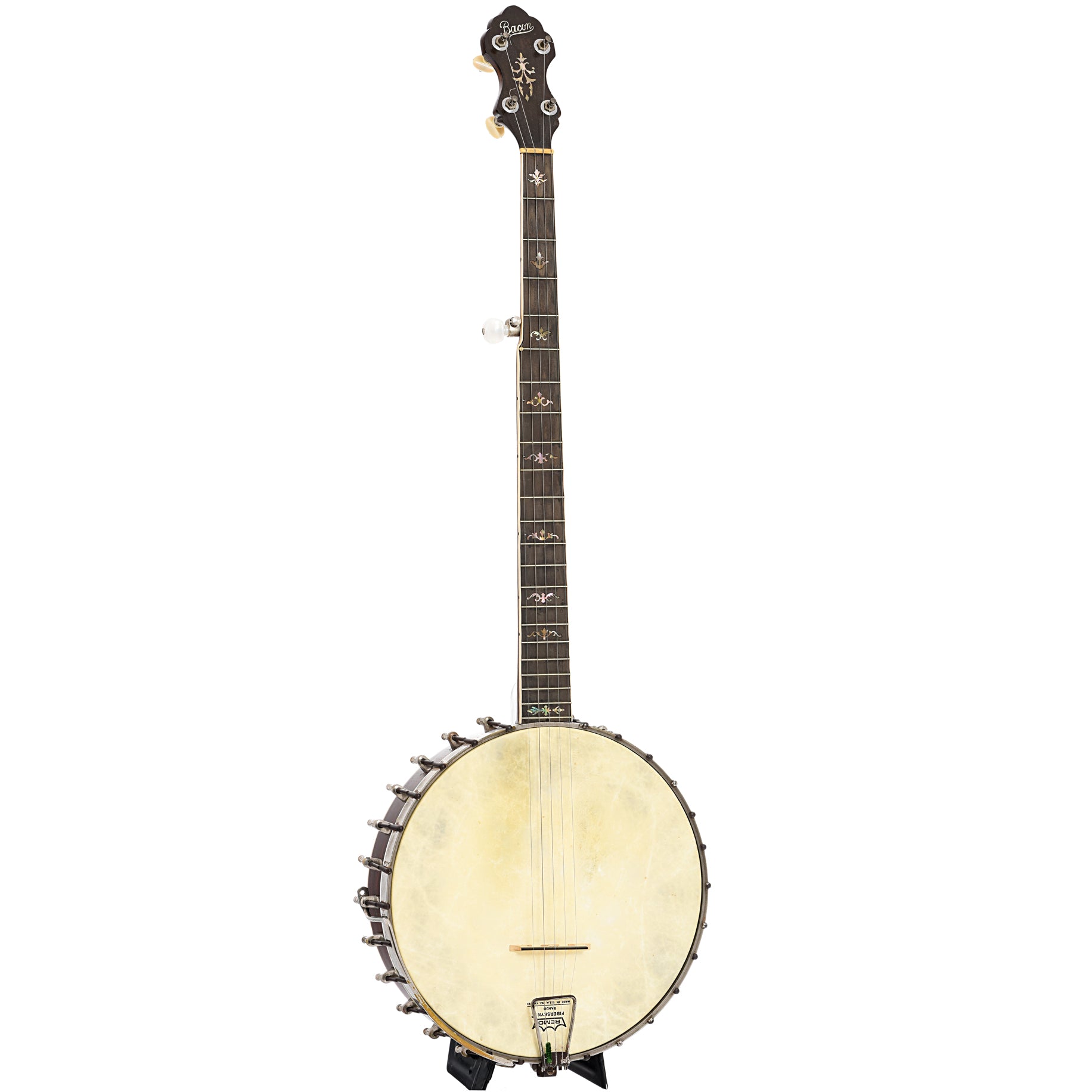Full front and side of Bacon Professional FF2 Special Openback Banjo (c.1920)
