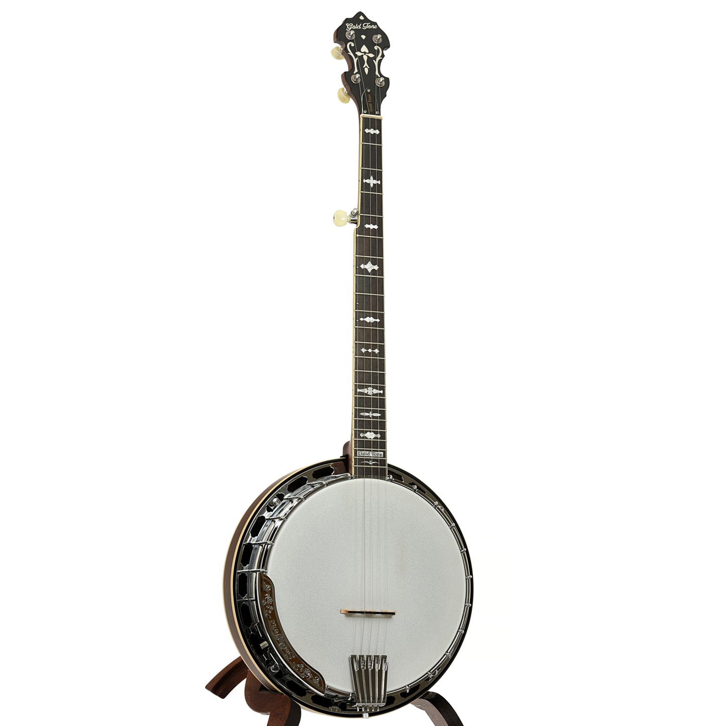Full front and side of Gold Tone RB-15RF Orange Blossom Resonator Banjo