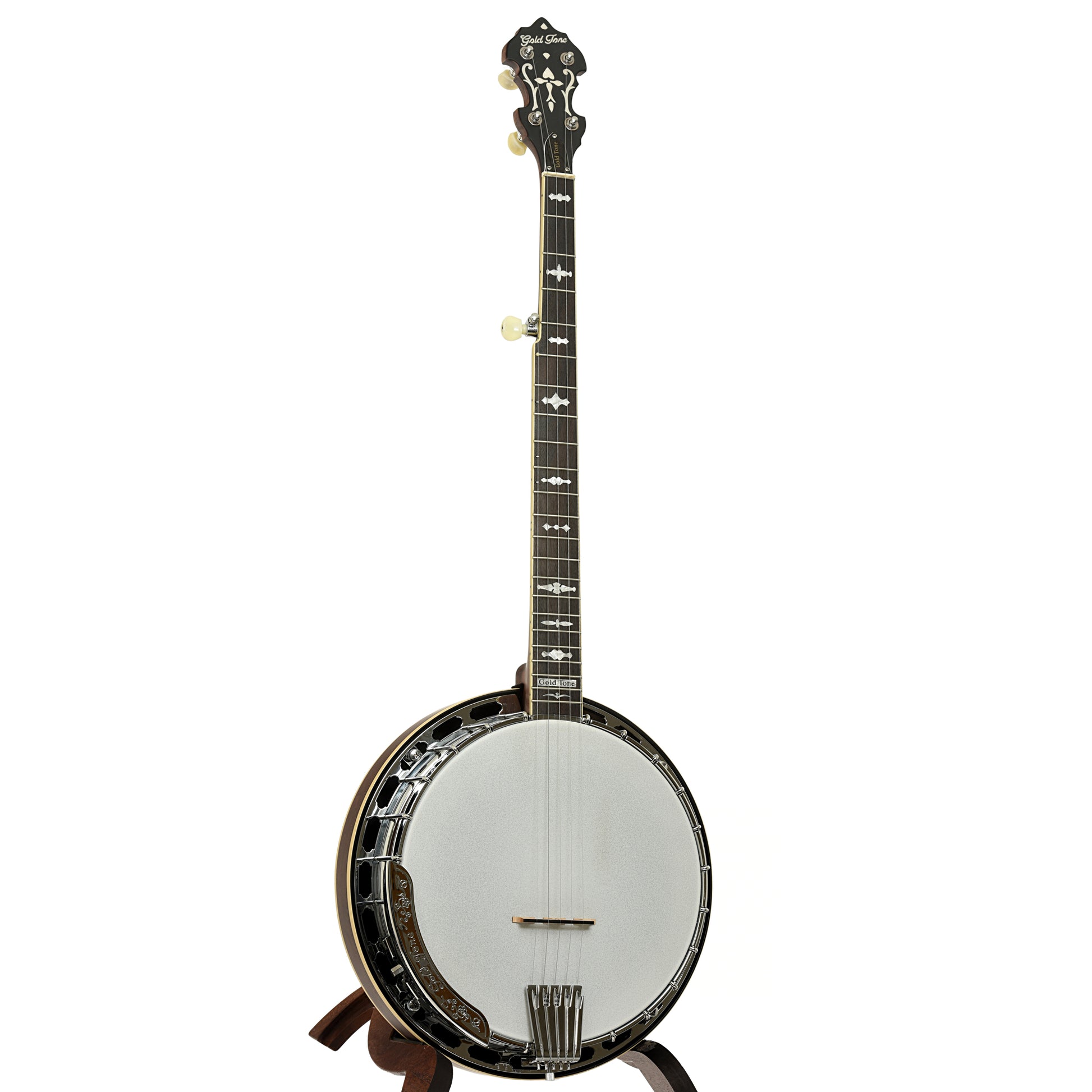 Full front and side of Gold Tone RB-15RF Orange Blossom Resonator Banjo
