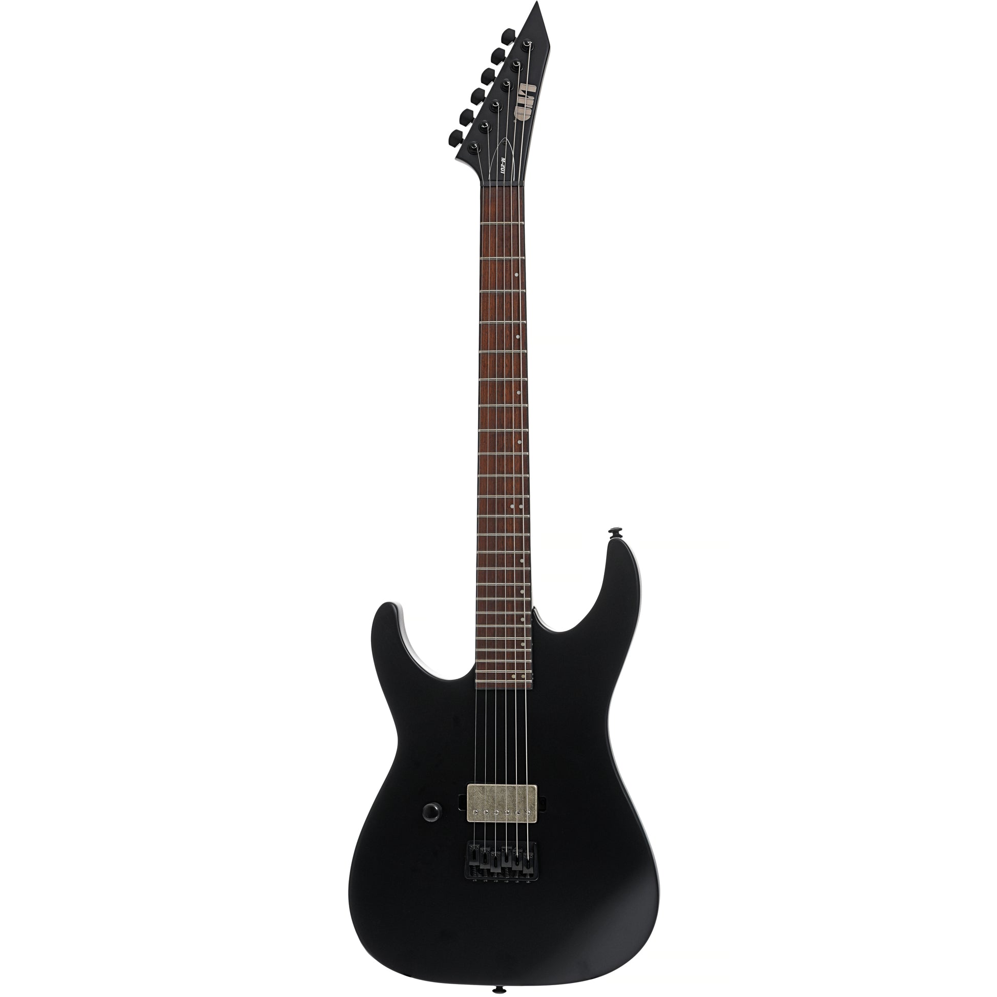 Full front of ESP LTD Left Handed M-201HT Electric Guitar, Black Satin