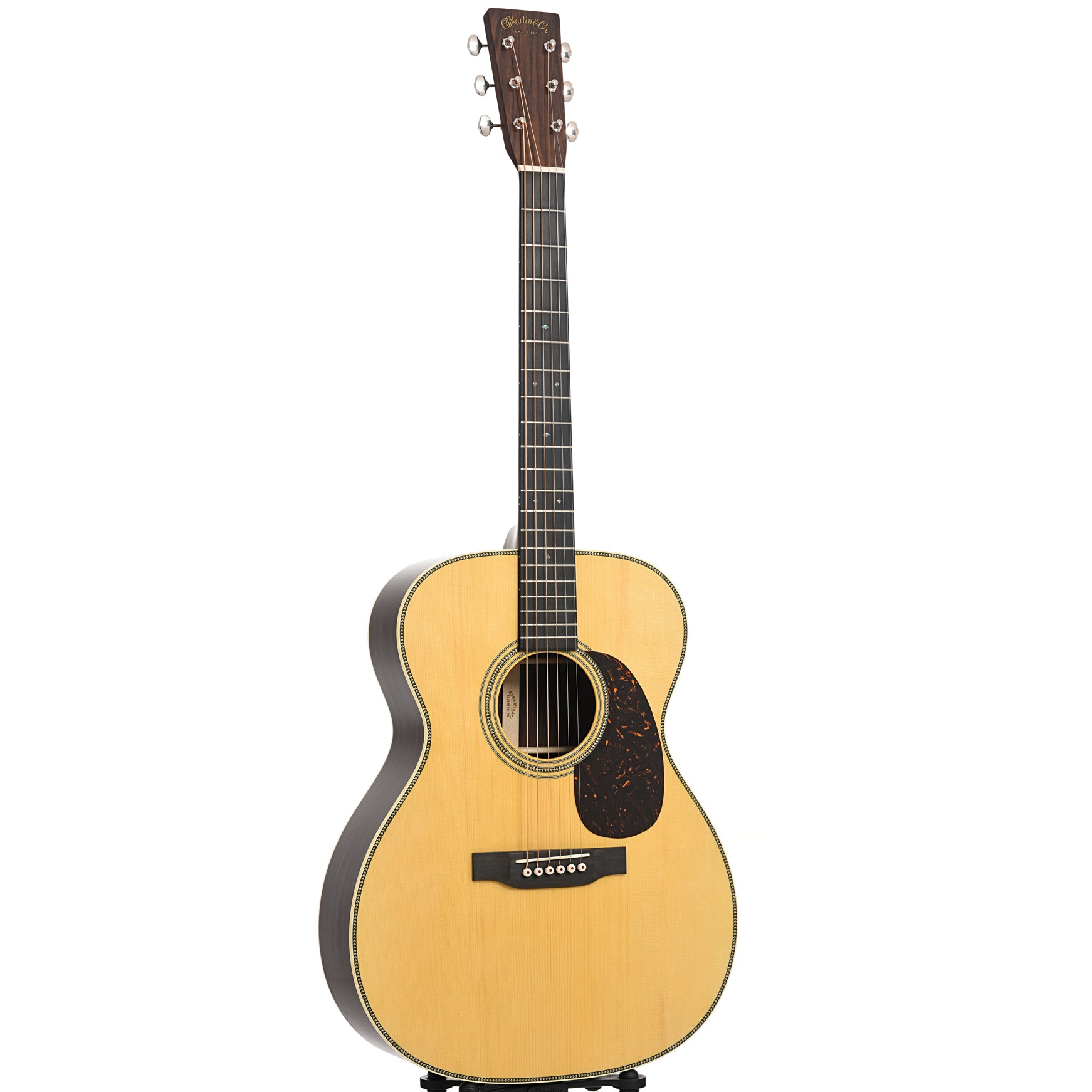Full front and side of Martin Custom 28-Style 000 Guitar & Case, Wild Grain Rosewood & Adirondack Spruce