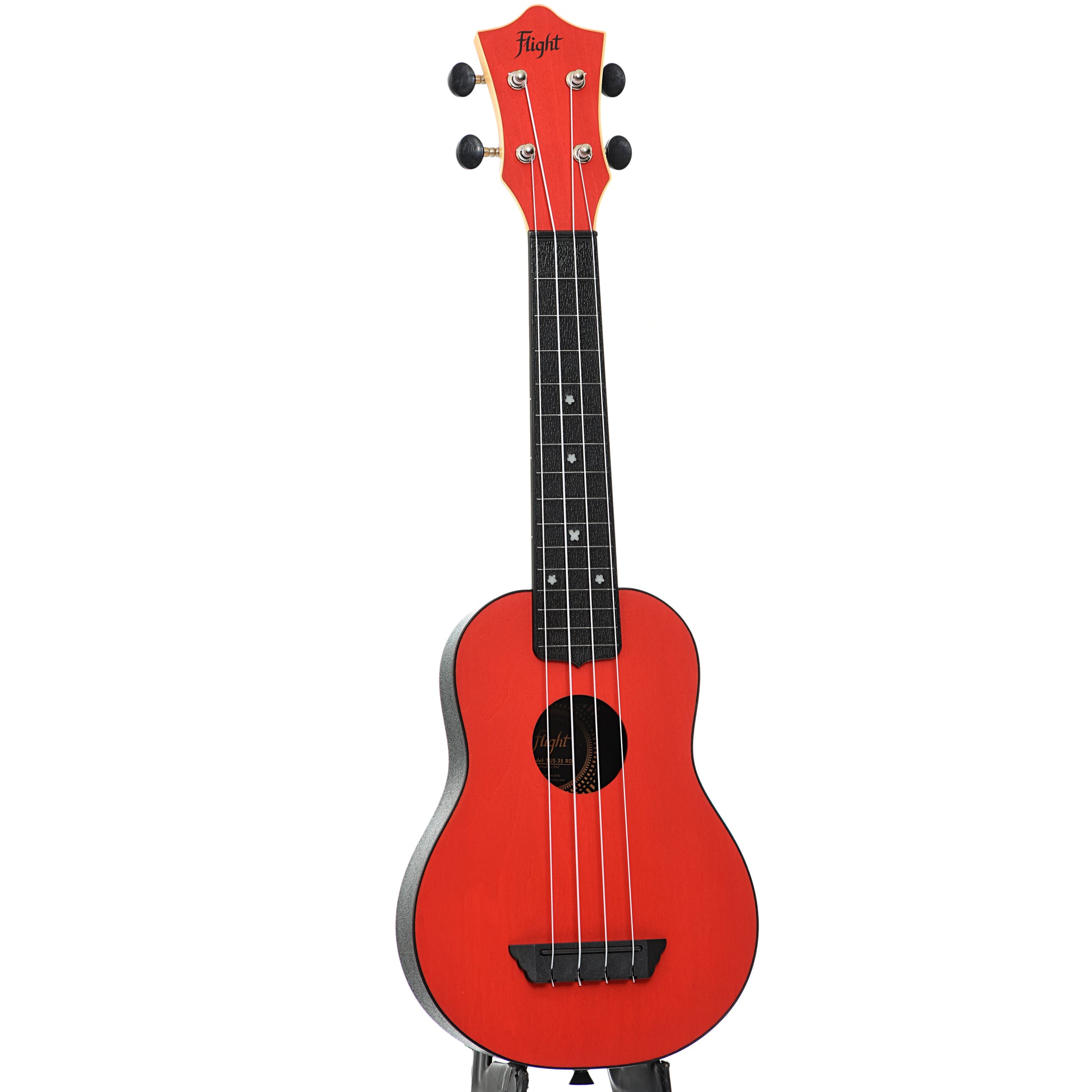 Full front and. side of Flight TUS35 Travel Series Soprano Ukulele, Red