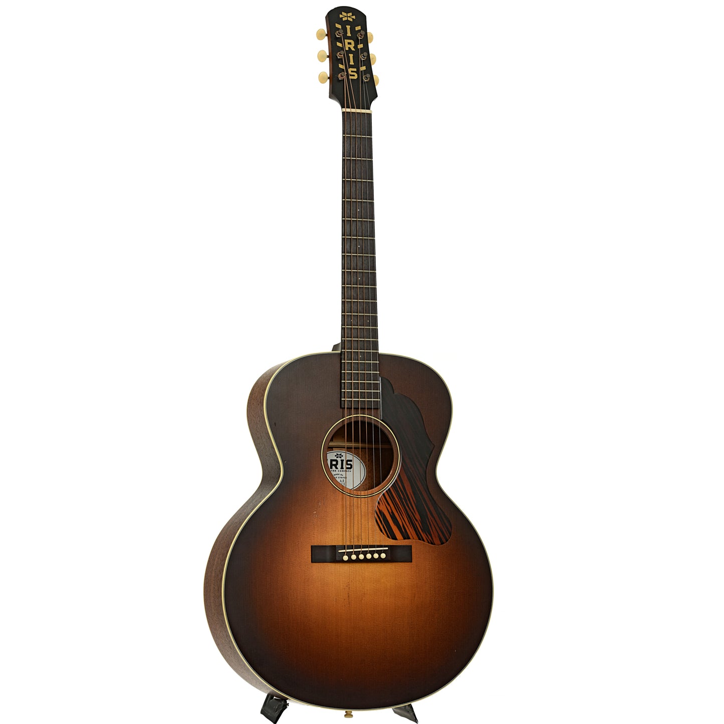 Full front and side of Iris Guitar Company AB Burst Relic Wide-Nut Small Jumbo Acoustic Guitar